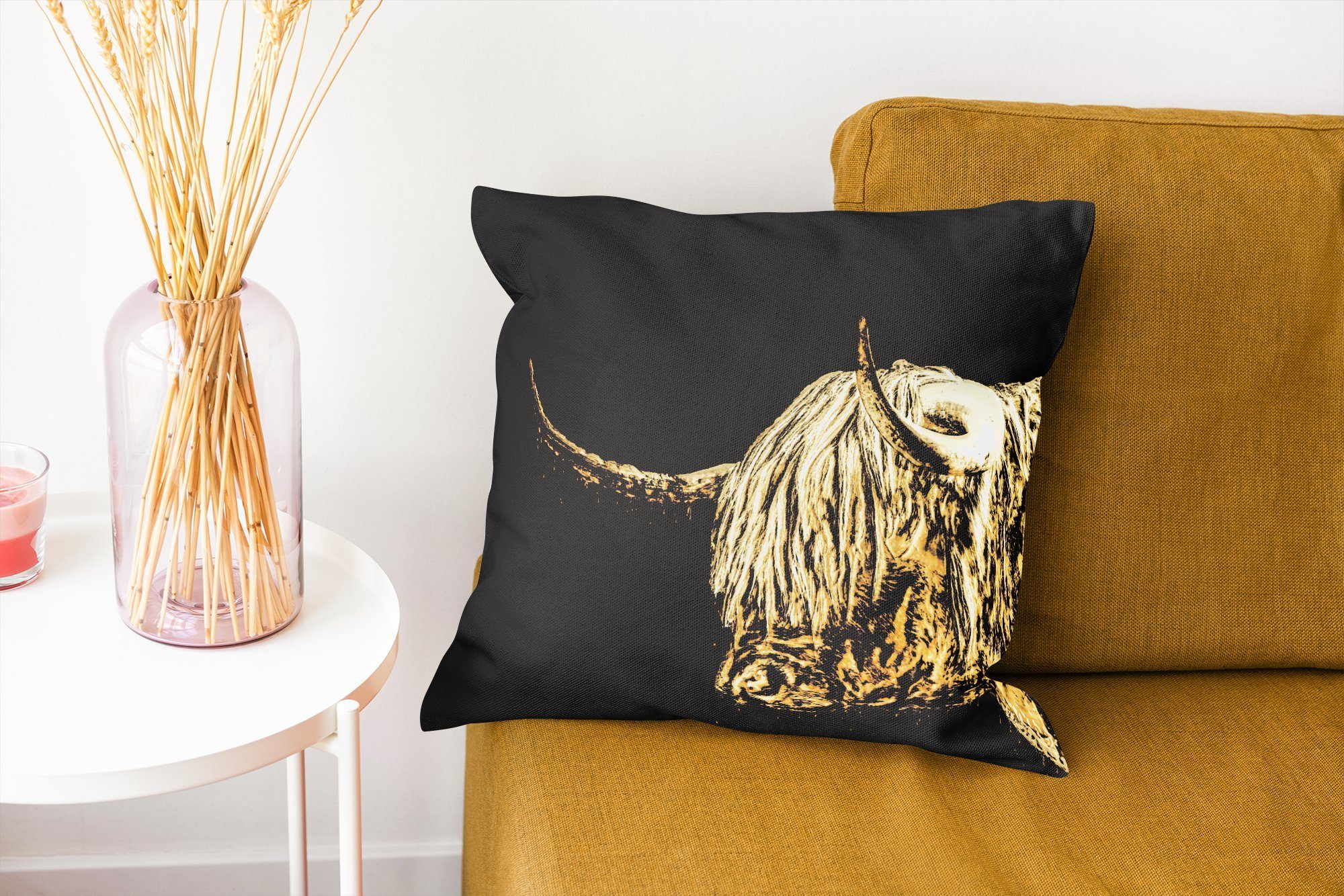 Schottische Schlafzimmer, Dekokissen Highlander Kuh Deko, Füllung Schottischer Gold, für - Sofakissen Wohzimmer, - MuchoWow mit Zierkissen