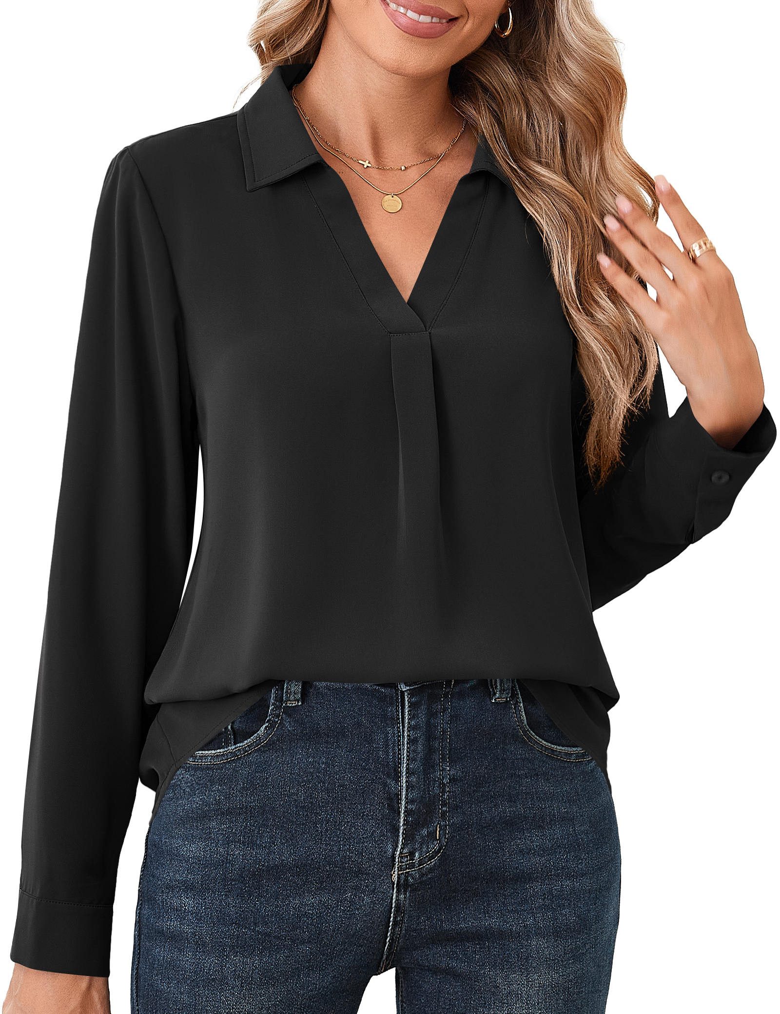 Beluring Langarmshirt Damen Langarmbluse,schwarze V-Ausschnitt Bluse,Busine günstig online kaufen