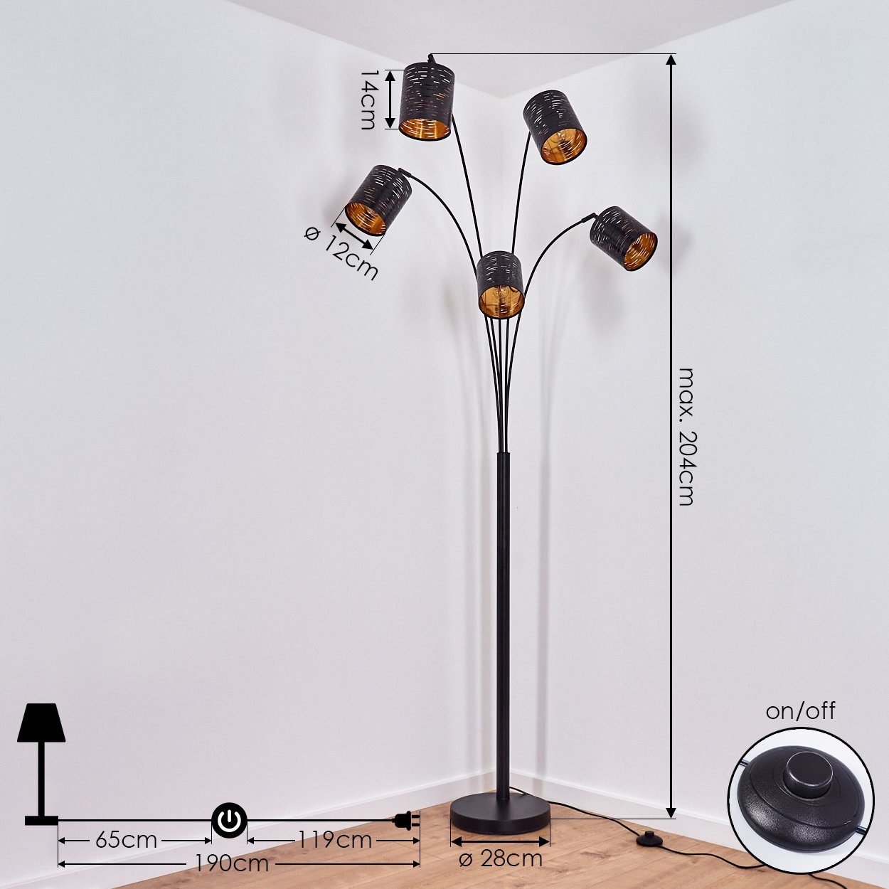 Lichteffekt »Vigone« Stehlampe verstellbare hofstein E14 u. aus in Strahler, Leuchtmittel, ohne Schwarz/Kupferfarben, Metall Stehlampe 5-flammige Fußschalter,