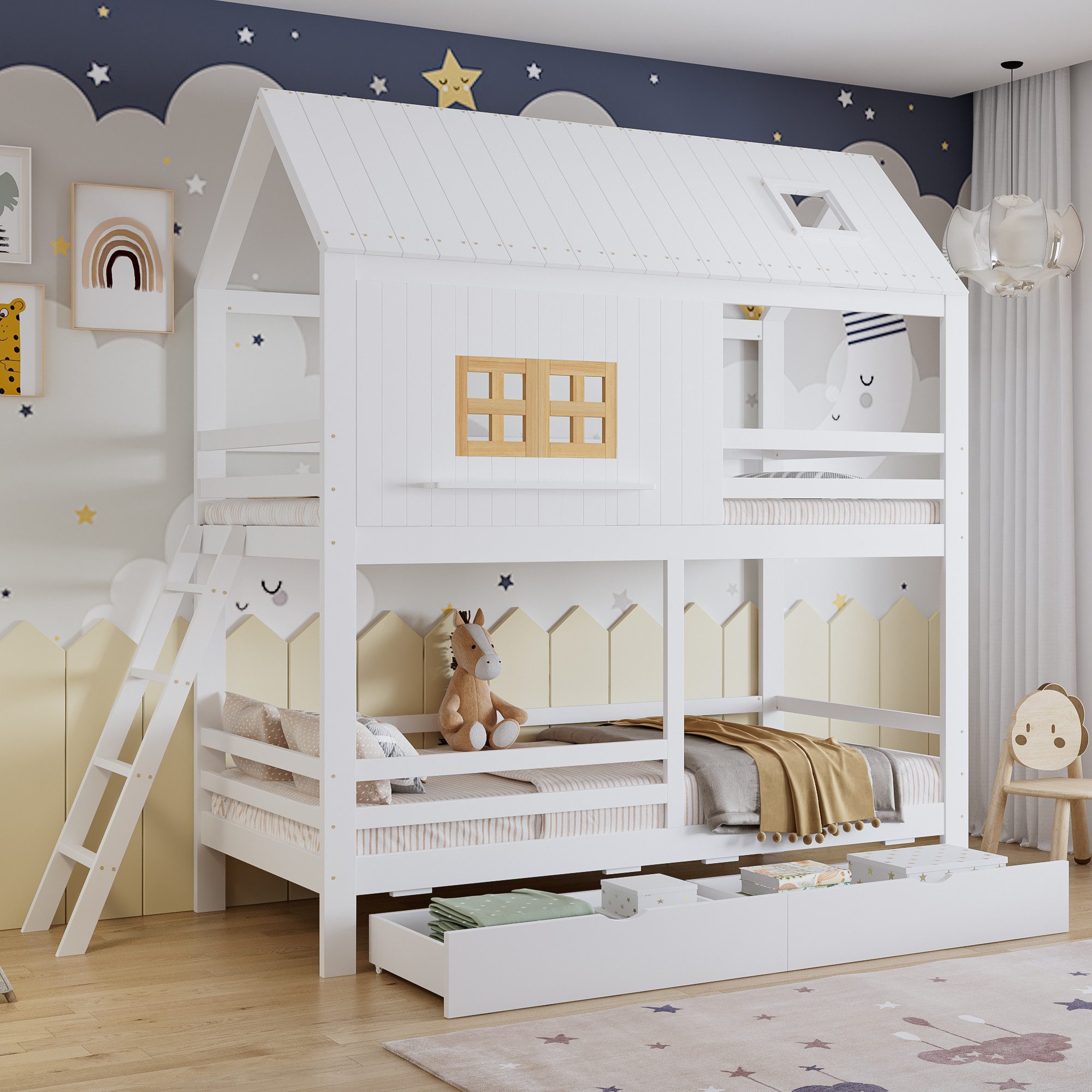 BlingBin Etagenbett Kinderbett Stauraumbett Massivholzbett Mit Schöne Fenster und Dach (1er Set, 1-St., 90x200cm, Tragfähigkeit: 120kg, Matratze nicht enthalten), Hochbett Mit Leiter und Schubladen für Kinderzimmer, Weiß+Natur