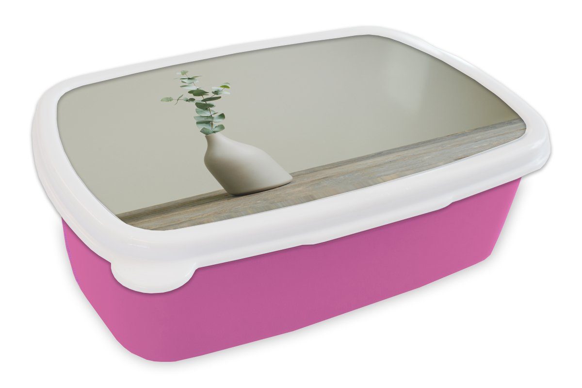 MuchoWow Lunchbox Stilleben Kunststoff Brotbox Kinder, rosa - - Vase, Mädchen, Kunststoff, (2-tlg), Brotdose für Eukalyptus Erwachsene, Snackbox