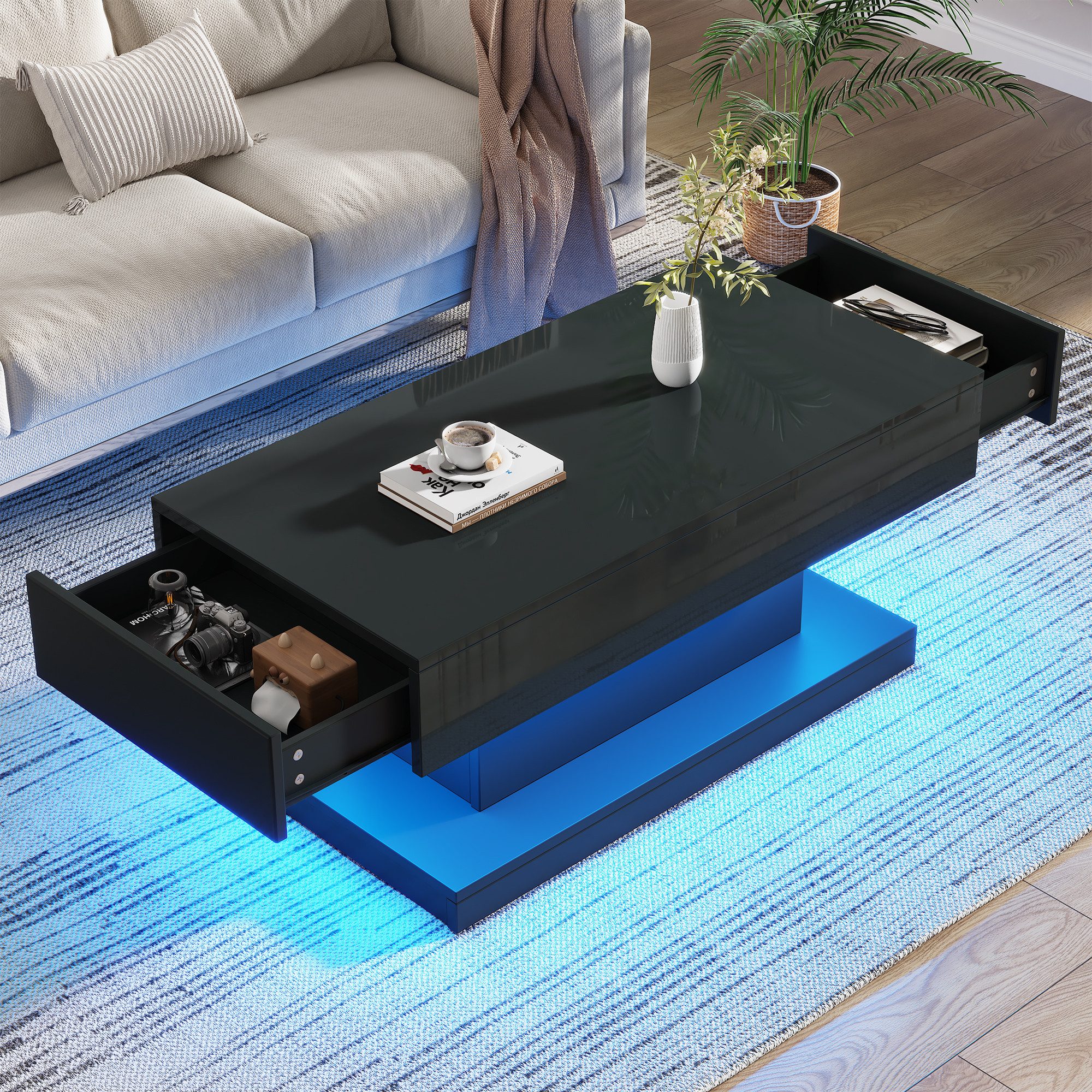 Merax Couchtisch Hochglanz Sofatisch Beistelltisch mit LED-Beleuchtung (1-St), Wohnzimmertisch mit 2 Schubladen & Stauraum, im I-Design, 100x50x45cm – Bild 4 von 5