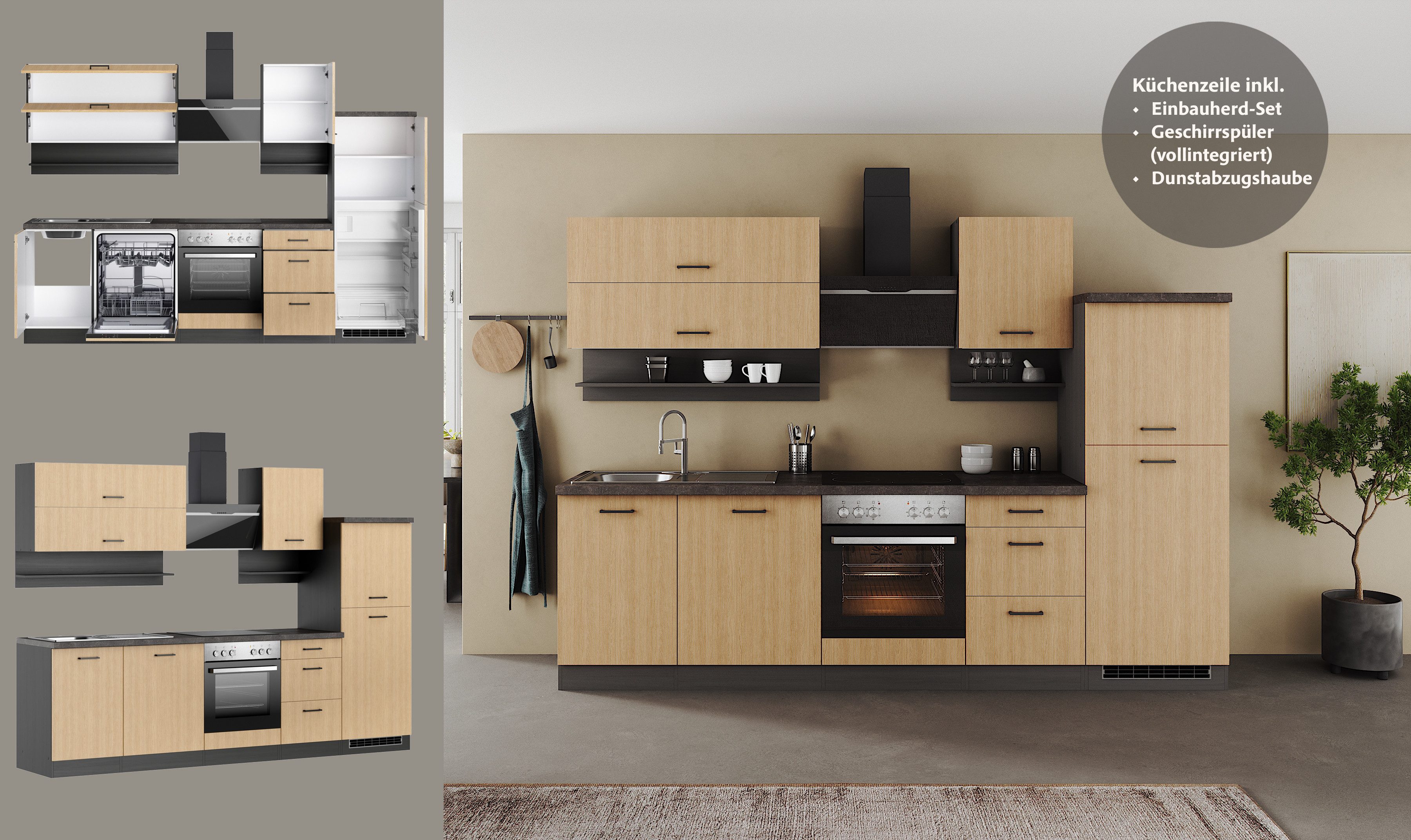 KOCHSTATION Küchenzeile KS-Frieda Breite 280 cm, wahlweise mit E-Geräten, mit 38mm starker Arbeitsplatte