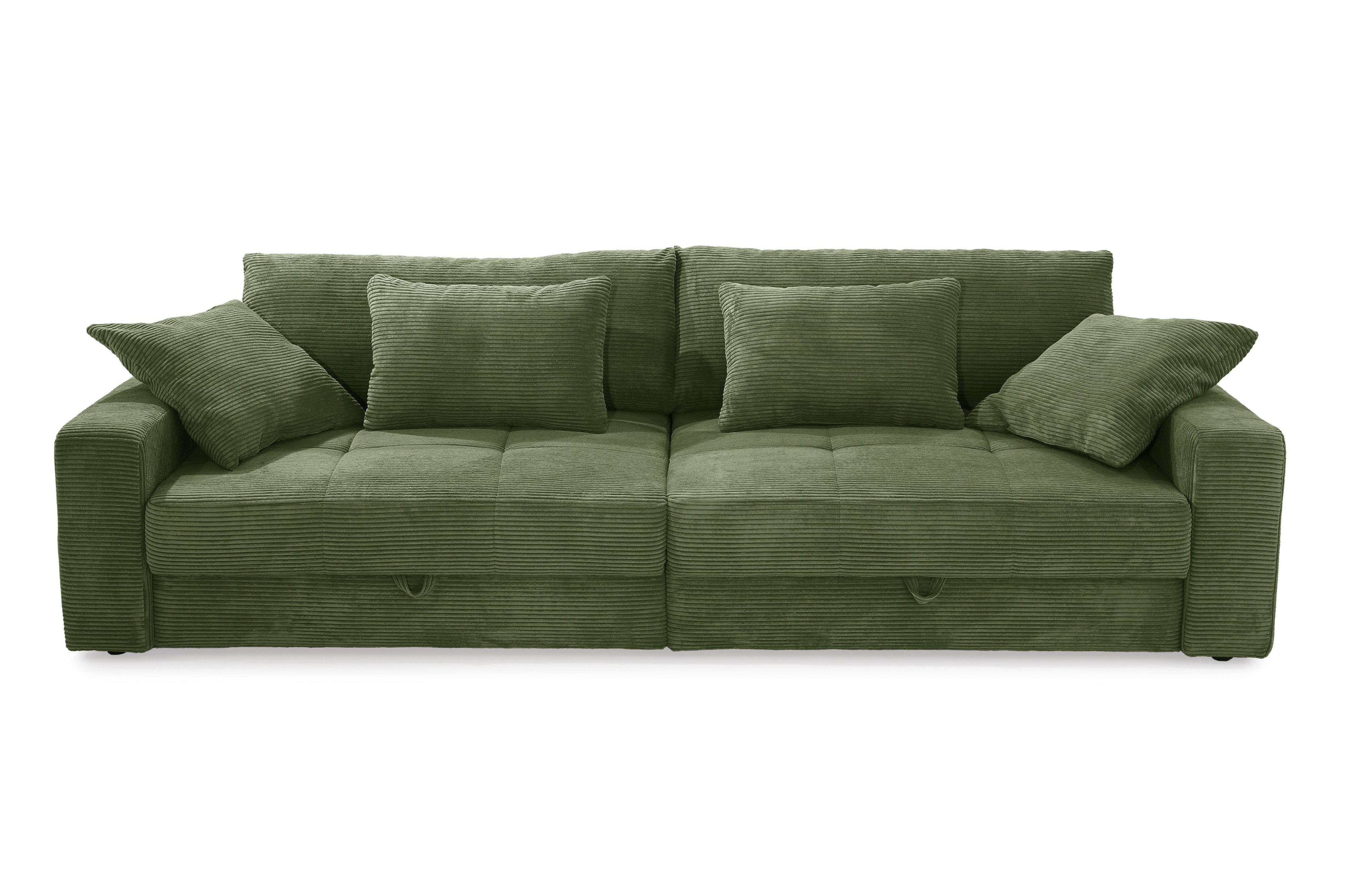 luma-home Big-Sofa 15262, Lounge Couch B284/T113/H84 cm, Wellenunterfederung, markante Steppungen, 2 Bettkästen, Bezug Cord in Grün
