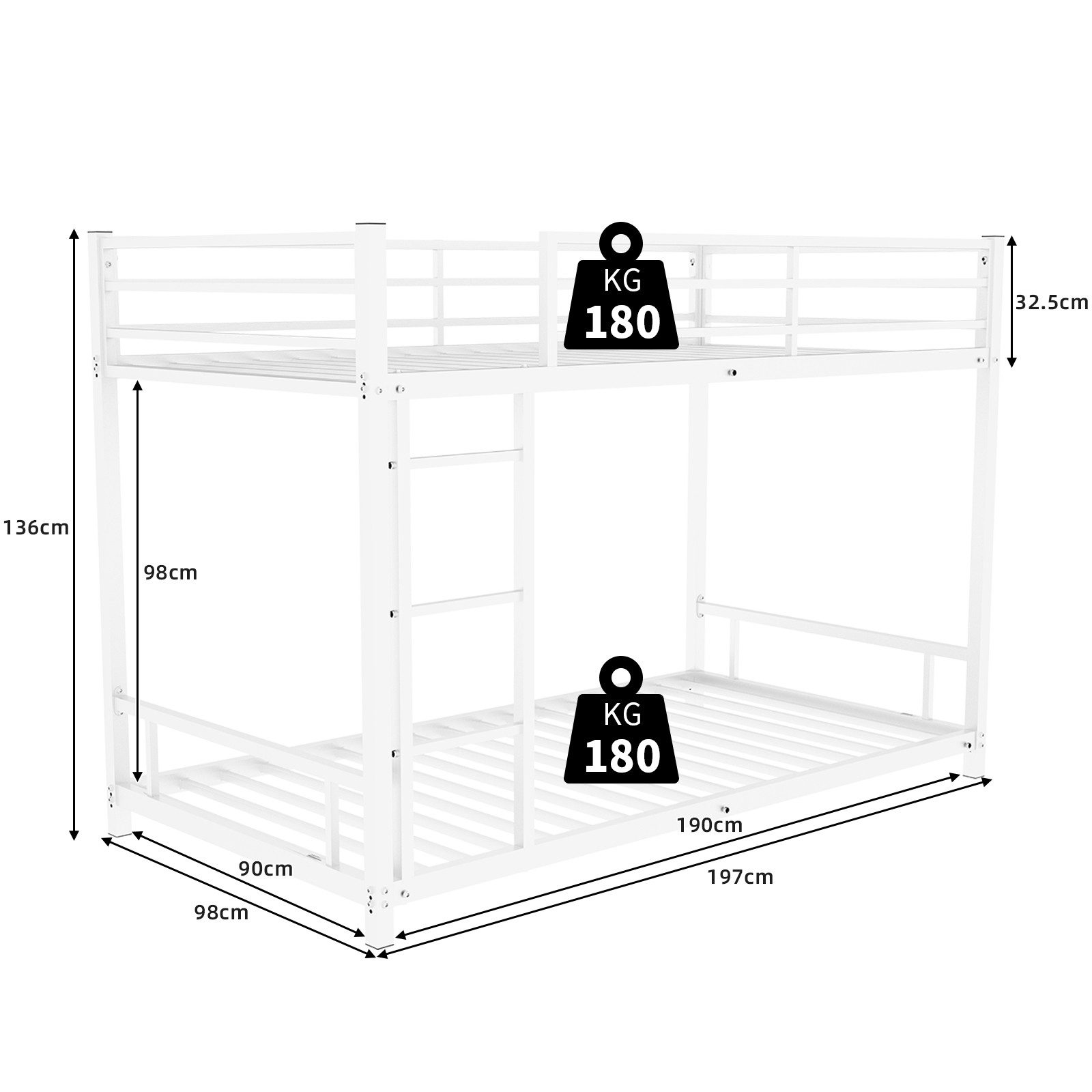 OYRREU Etagenbett Metall-Etagenbett Geeignete Matratzengröße: 90 x 190 cm