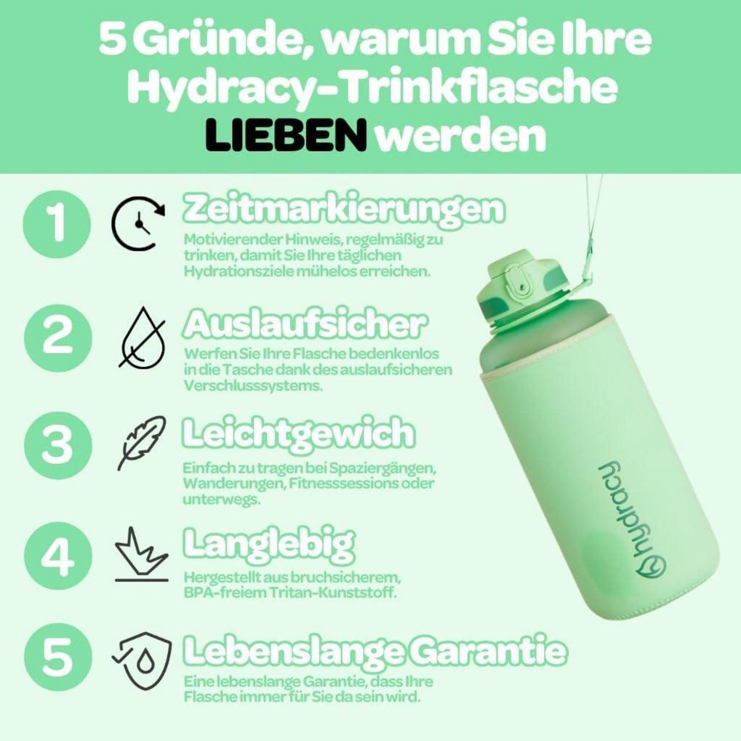 LuxusKollektion Trinkflasche Trinkflasche Zeitmarkierung BPAfrei 2L Strohhalm Aqua Grün
