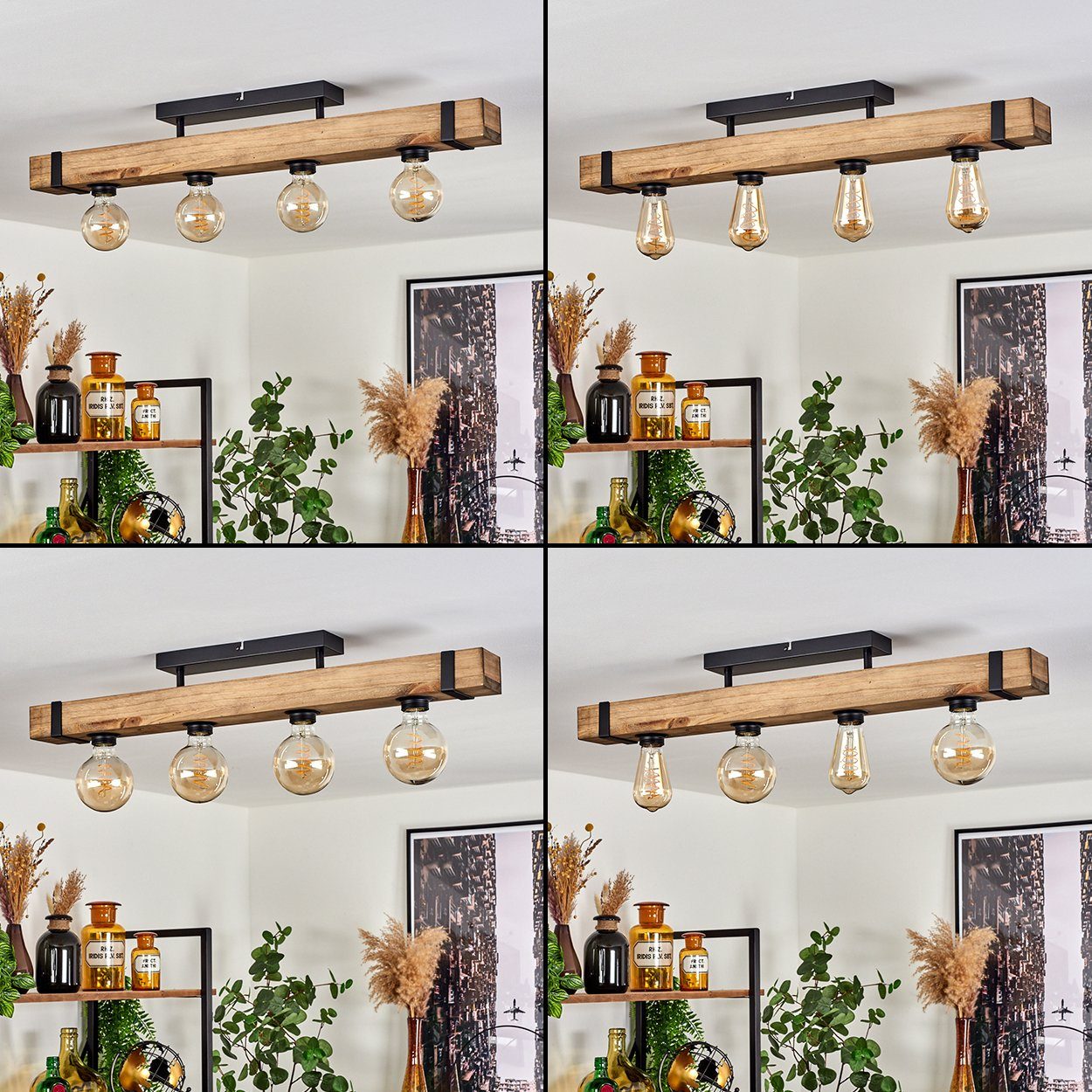 hofstein Deckenleuchte »Bollengo« moderne Deckenlampe aus Metall/Holz in Schwarz/Natur, ohne Leuchtmittel, Leuchte mit Holzstab im Vintage-Design, 4xE27
