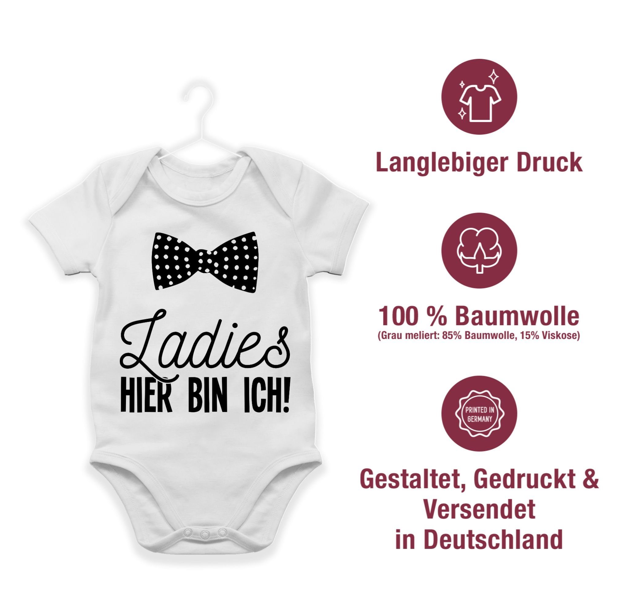 Shirtbody Baby hier bin ich Weiß Ladies Sprüche Fliege 2 Shirtracer