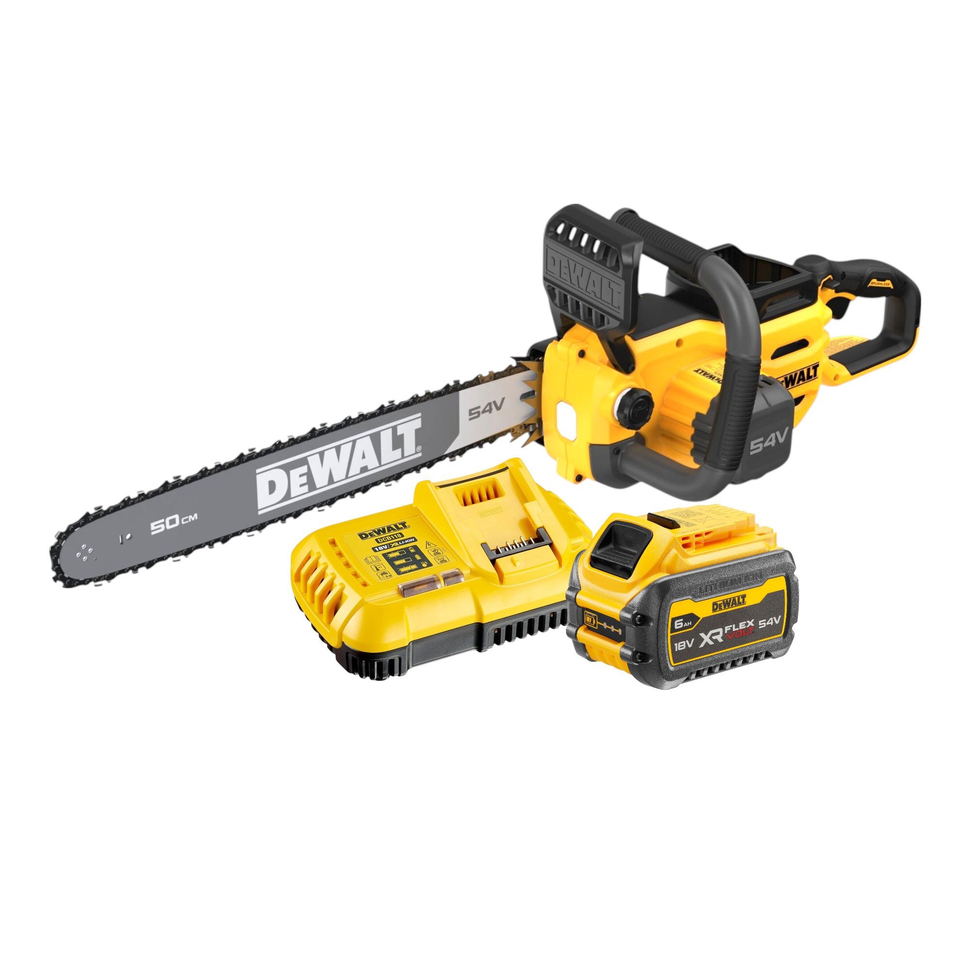 DeWalt Benzin-Kettensäge DCMCS 575 T1 54 V FlexVolt 50 cm Brushless + 1x Akku 6,0 Ah + Lader