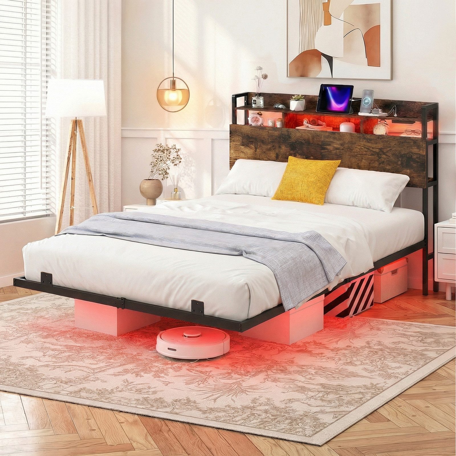 COSTWAY Bettgestell (1-tlg), Bettrahmen, Doppelbett, mit LED & Ladestation, 140x200cm