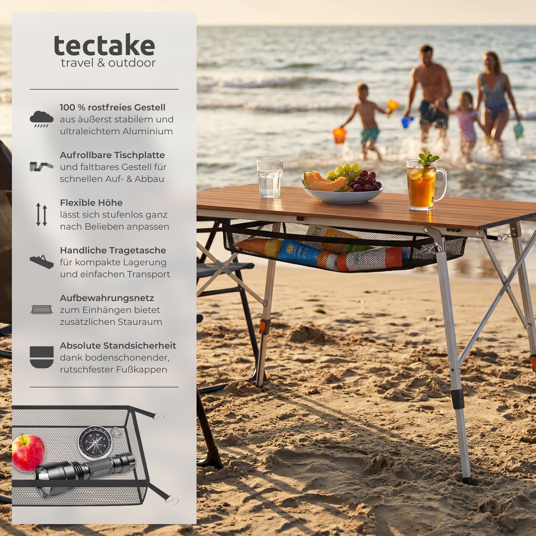 tectake Campingtisch Aluminium Klapptisch - faltbar, wetterfest, 90 x 52 x 47 - 70 cm (Outdoor Beistelltisch Tina, 1-St., in Holzoptik), höhenverstellbar, mit A – Bild 2 von 5
