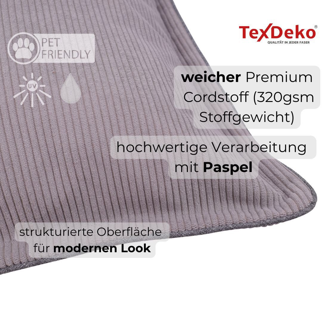 TexDeko Palettenkissen TexDeko Cord 3-TLG Palettenkissen-Set wasserabweisend, 1x Palettenkissen+1x Rückenkissen+1x Seitenkissen, Premium Qualität