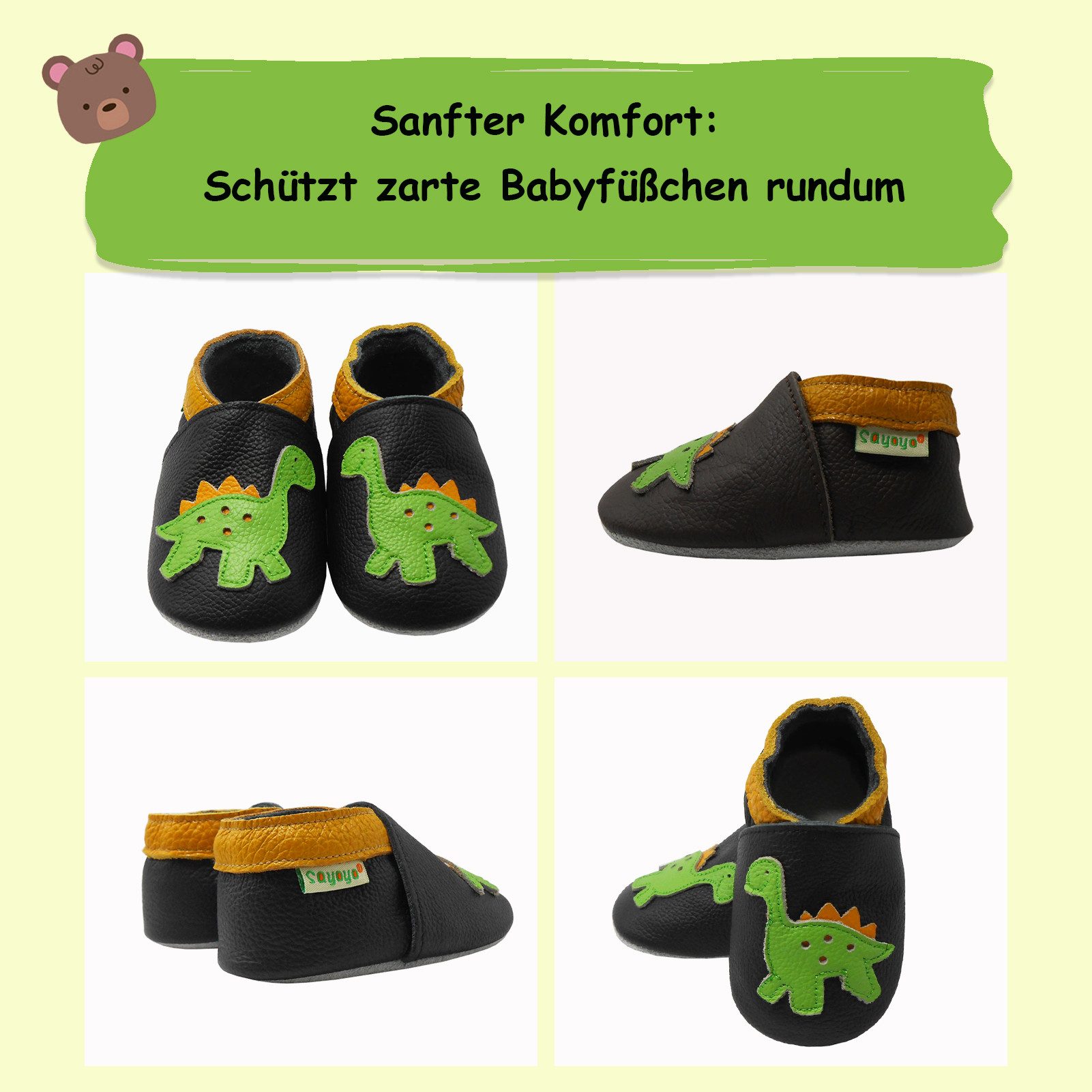 Sayoyo Weiche 100% Leder Lauflernschuhe Hausschuhe Lederpuschen Dinosaurier Lauflernschuh