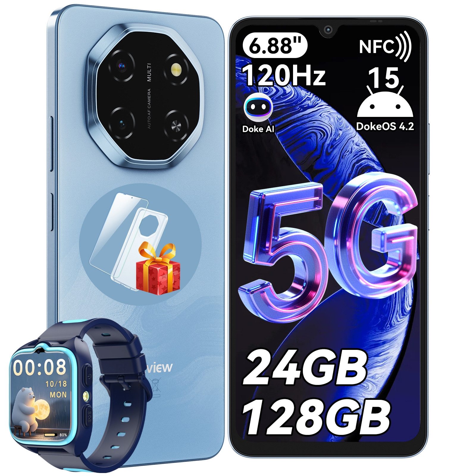 blackview Shark 6 5G,AI incl.Z30 Kinder Smartwatch Handy (6.88 Zoll, 128 GB Speicherplatz, 120Hz, Doke AI, 5000mAh,Unisoc T8100, Android 15)