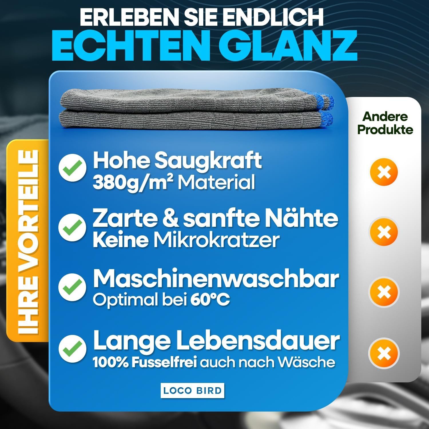 Loco Bird Microfasertücher in 380GSM - Auto & Haushalt fusselfreier Putztuch Bad Mikrofasertuch (40x40 cm, 6-tlg., Putztücher für Küche grau, Reinigungstücher - – Bild 5 von 5