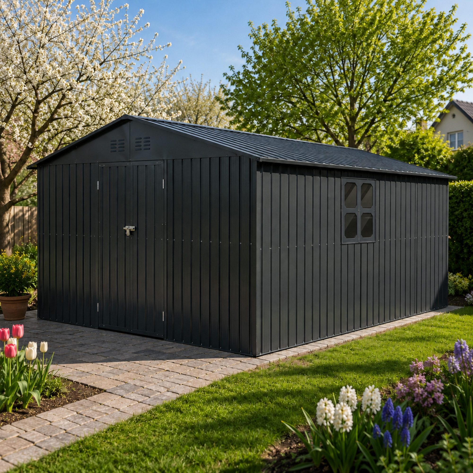 Albatros International Gerätehaus Gerätehaus 4XL abschließbar Schloss & Werkzeughaken, Geräteschuppen, BxT: 325.5x386.6 cm, (Anthrazit RAL 7016, 386,6x325,5x204cm), Gartenhaus mit Holzunterstand aus verzinktem wetterfestem Metall