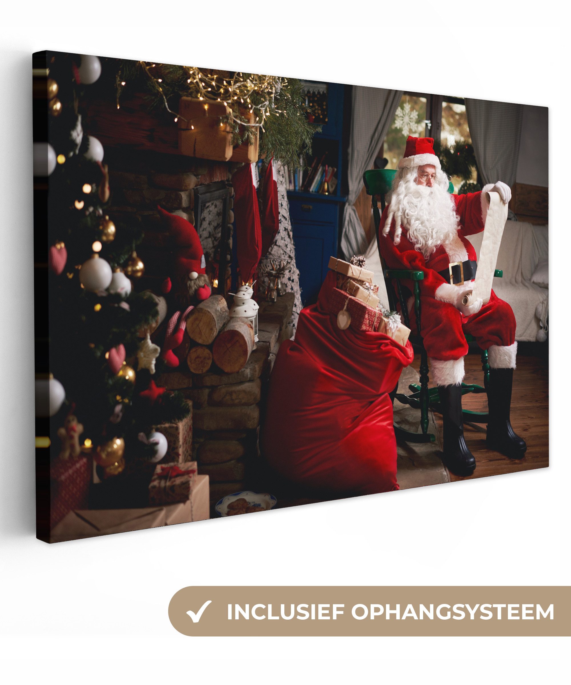 OneMillionCanvasses® Leinwandbild Der Weihnachtsmann sitzt auf einem Stuhl mit einem Sack voller Geschen, Fotodruck (1 St), Leinwand Bilder Klein, Wand Dekoration Aesthetic 30x20 cm