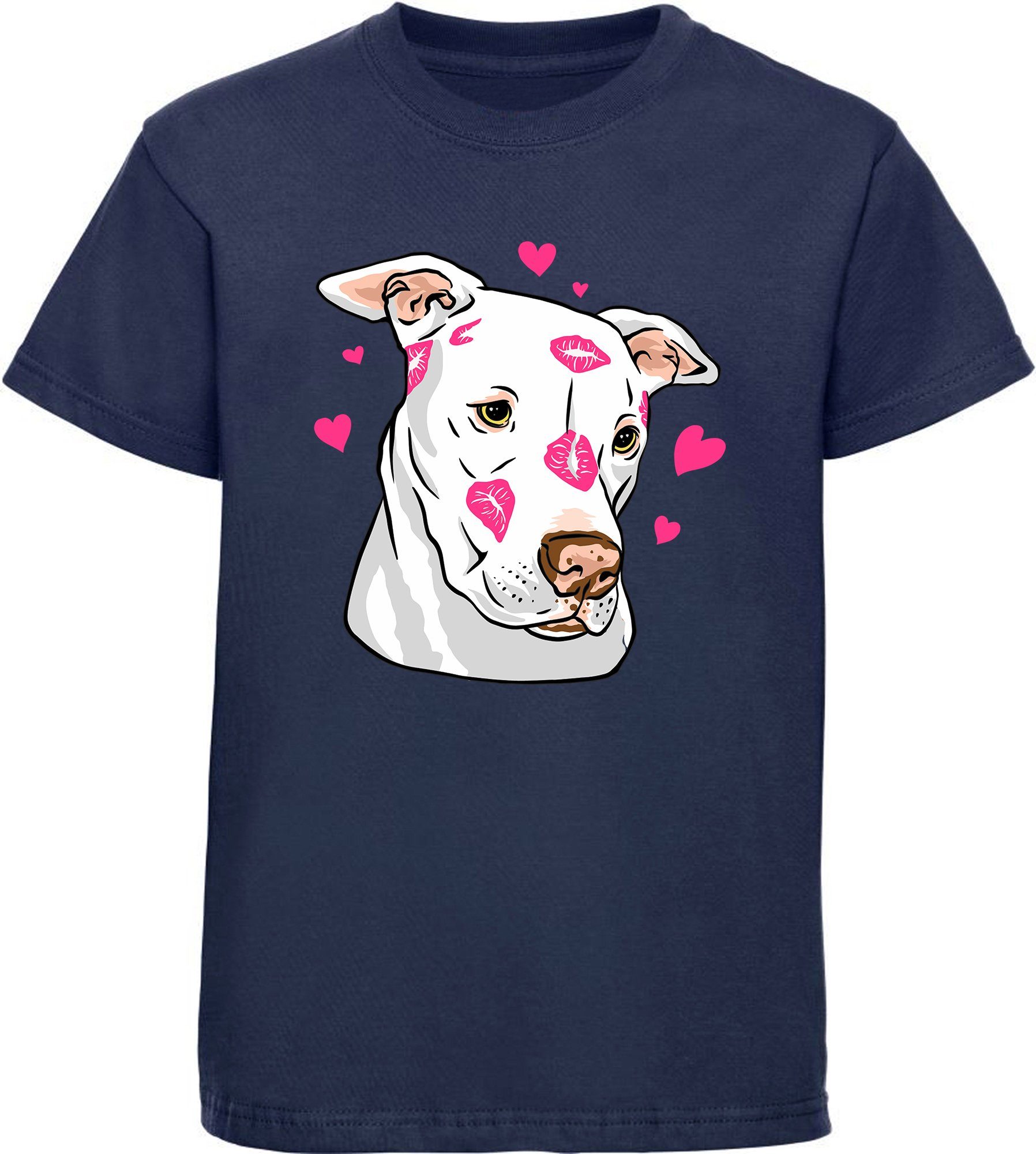 MyDesign24 Print-Shirt bedrucktes Kinder Hunde T-Shirt - Pitbull mit Herzen Baumwollshirt mit Aufdruck, i229 navy blau