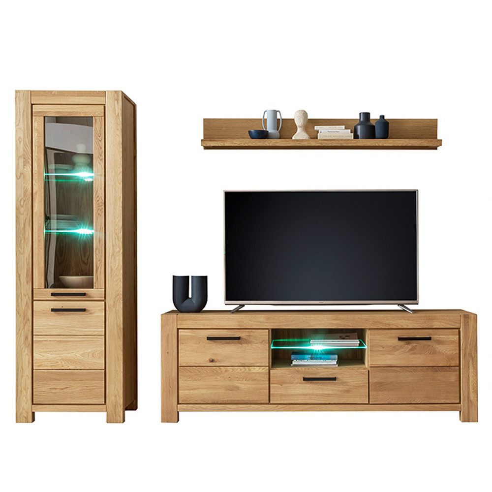 Lomadox Wohnwand SELISTE-06, (3-St., Wandboard Lowboard Vitrine), Eiche teilmassiv geölt, Echtholz/Massivholz. inkl. LED-Beleuchtung