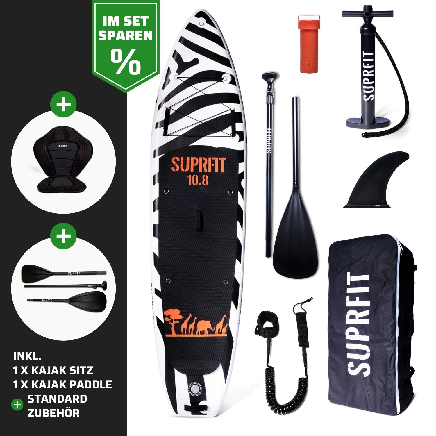 SF SUPRFIT Inflatable SUP-Board SUP Board Set Zebra inkl. Sitz und Kajak  Paddle, Touring, (Spar-Set, mit Kayak Sitz und 4-teiligem Paddel), Stand Up  Paddling Set mit Kayak Sitz und 4-teiliges Paddel | SUP-Boards