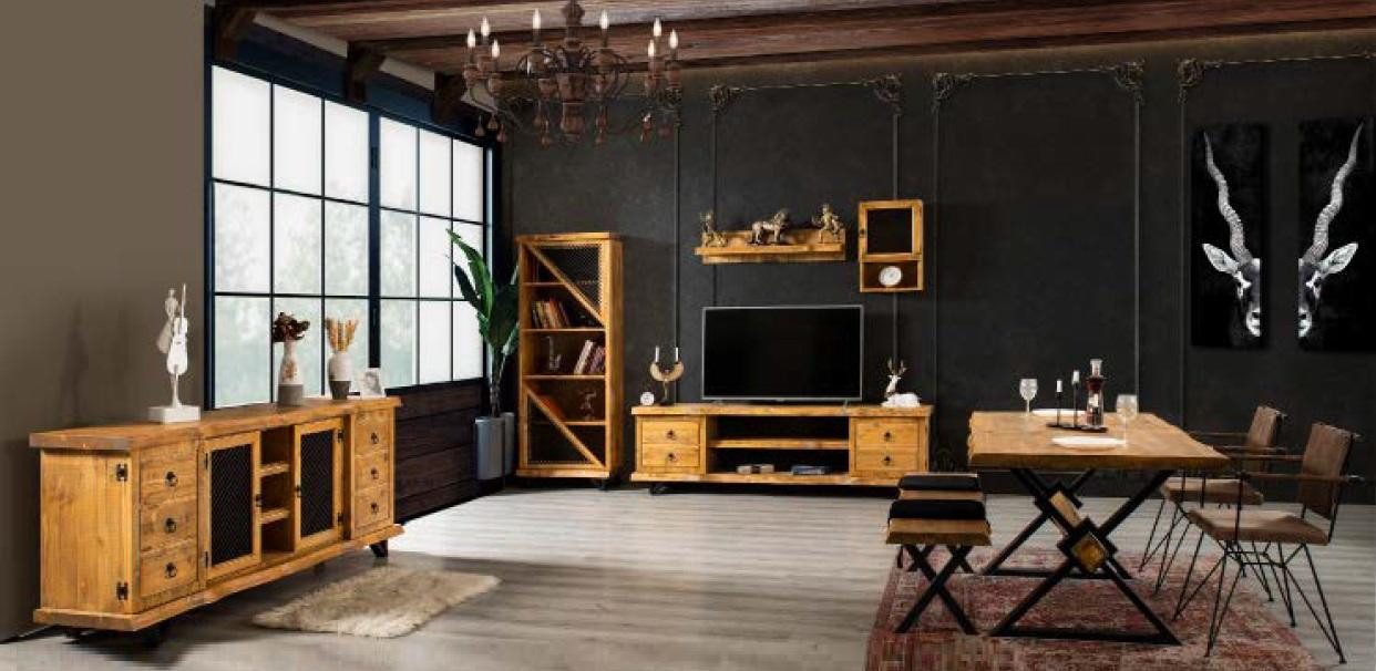 Xlmoebel Wohnwand Echt Holz Wohnwand in Braun mit rollbarem Couchtisch und Schrank, (4-St., Wohnwand), Hergestellt in Europa