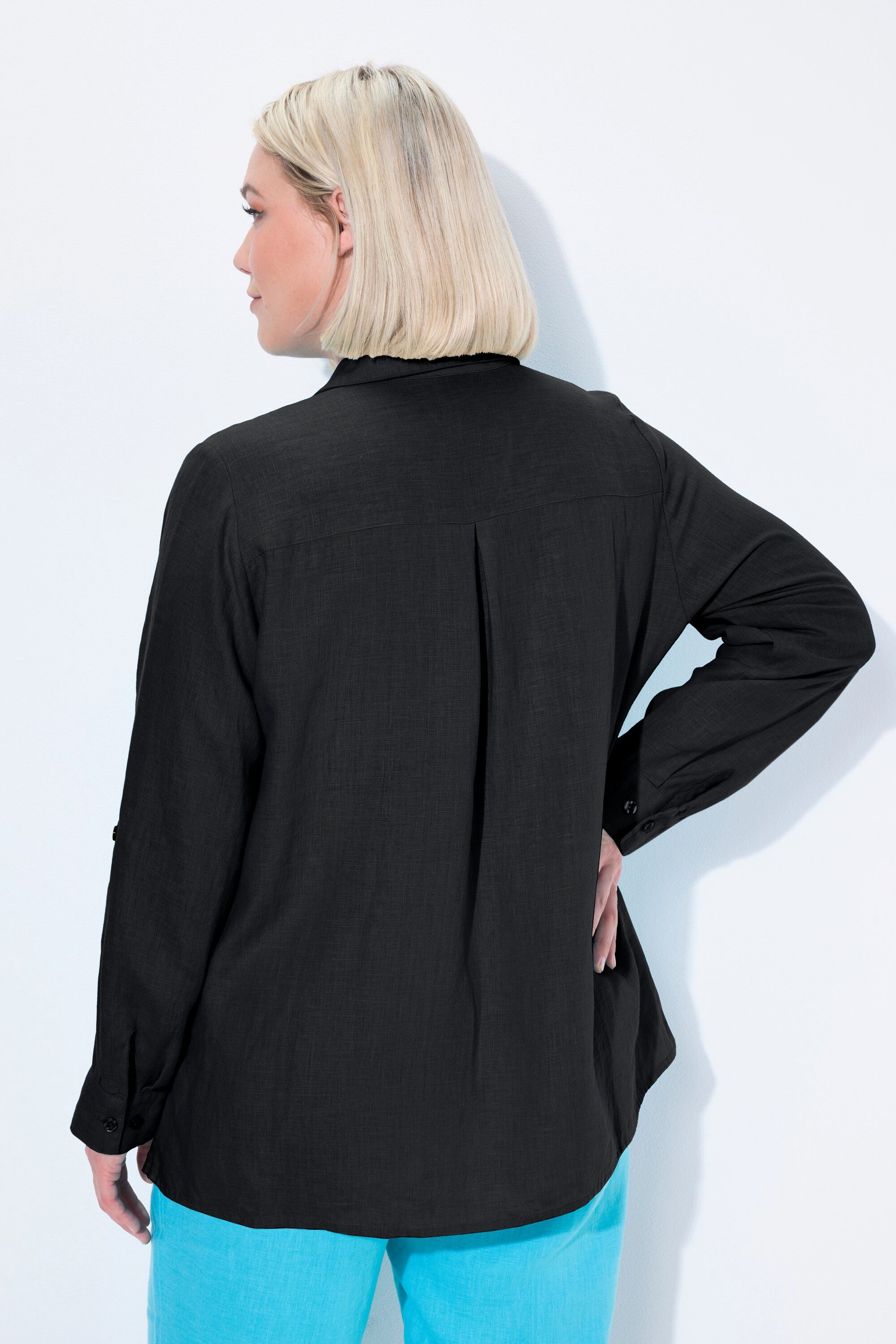 Ulla Popken Hemdbluse Bluse Leinen offener Kragen Langarm
