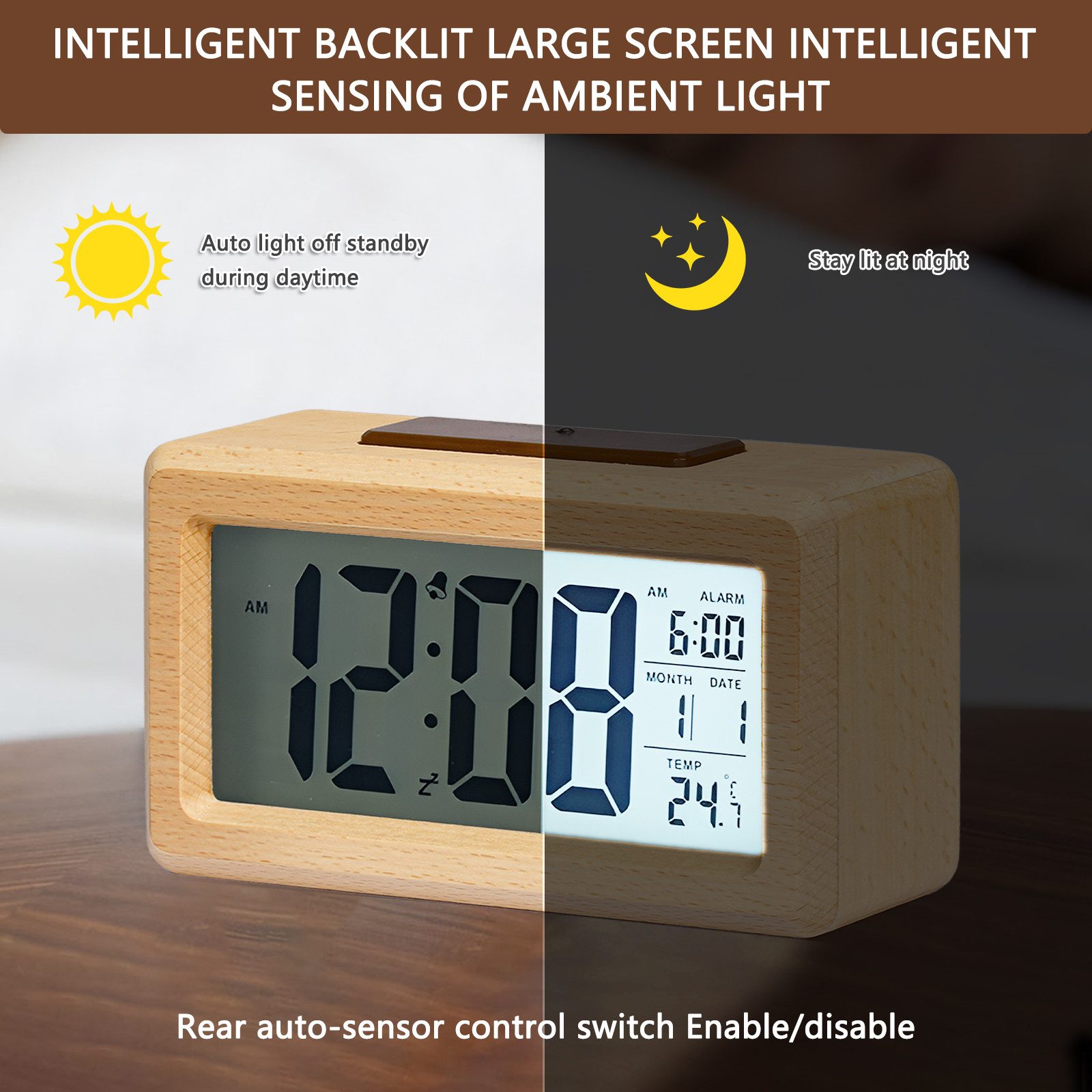 AIBISTAR Wecker Funkwecker mit Digitaler Temperatur Wecker,für Nachttisch,Holz Optik mit Lichtsensor und Schlummerfunktion großes Display große Zahlen