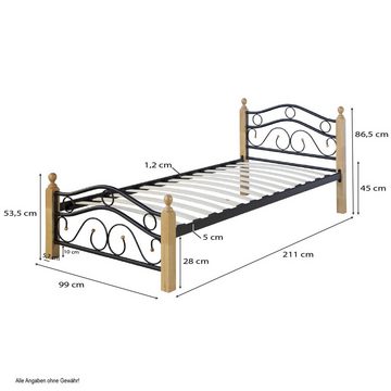 Homestyle4u Metallbett Einzelbett 90x200 cm mit Matratze Lattenrost Bett