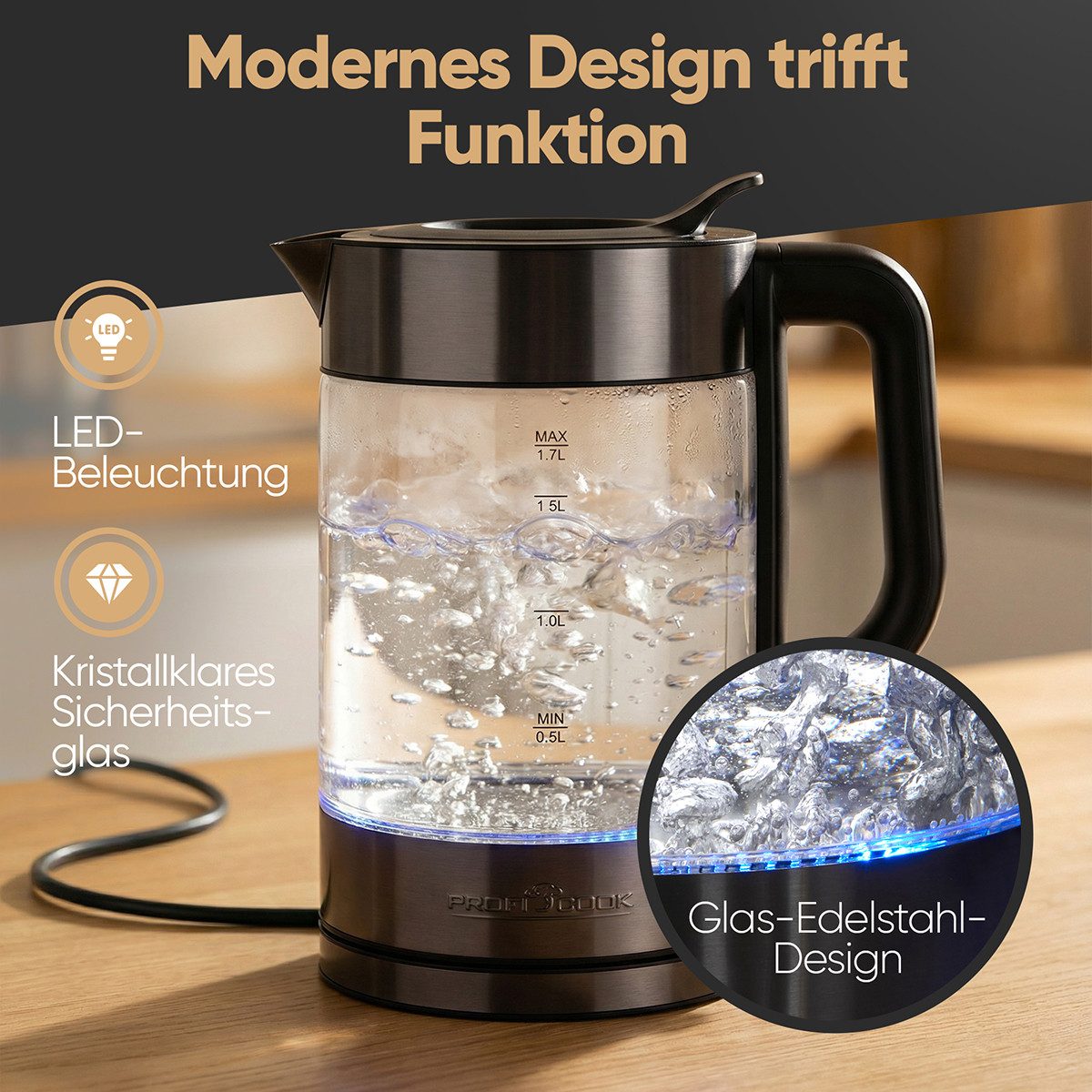 ProfiCook Wasserkocher PC-WKS 1322 G, Wasserkocher Glas, 1,7L, 2200W, BPA frei