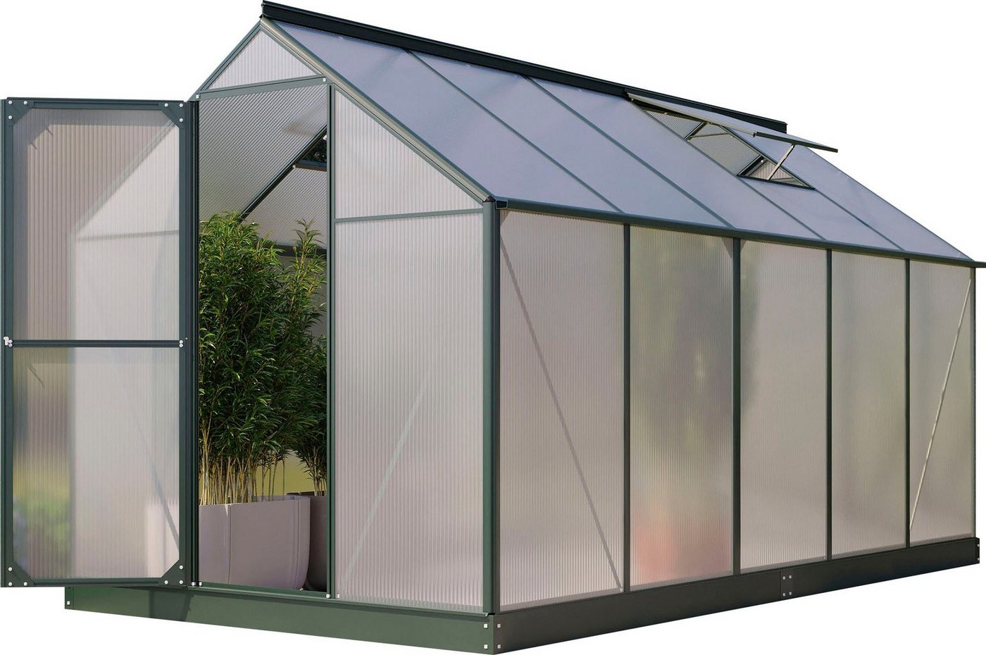 Vitavia Gewächshaus Eos 7500, BxTxH: 197,7 x 377,1 x 195,9 cm, 6 mm Wandstärke, Alu-Profile, Stahlfundamentrahmen, 6 mm Hohlkammerplatten grün Vitavia Gewächshaus Eos 7500, BxTxH: 197,7 x 377,1 x 195,9 cm, 6 mm Wandstärke, Alu-Profile, Stahlfundamentrahmen, 6 mm Hohlkammerplatten grün