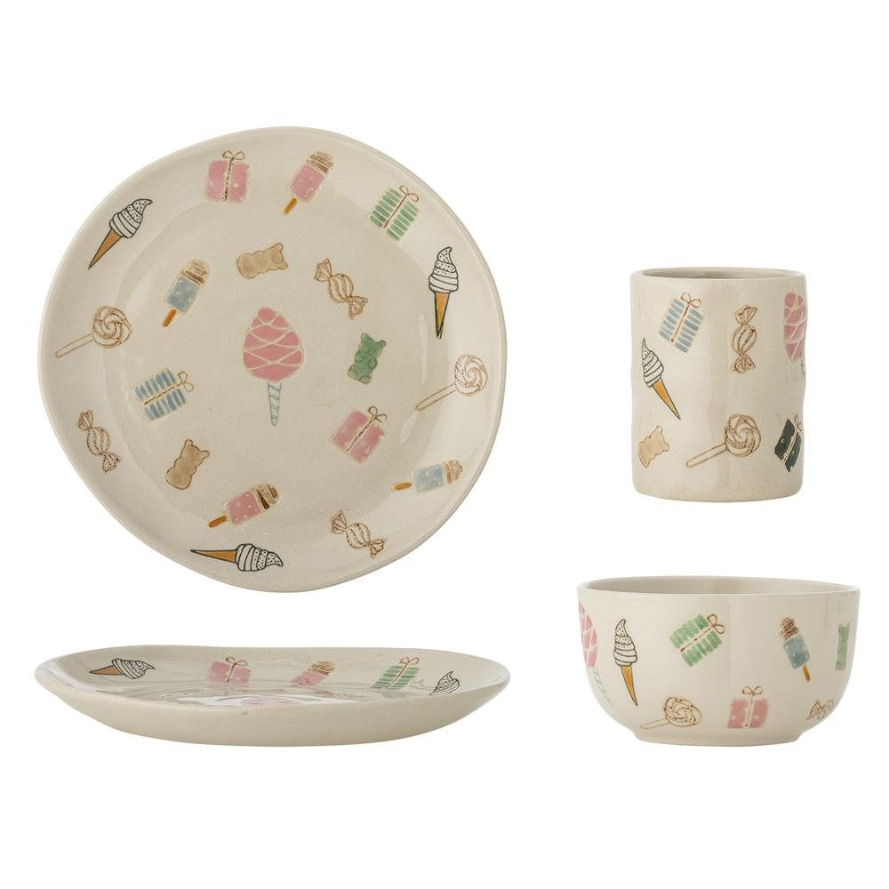 Bloomingville Kindergeschirr-Set MINI Sweets Geschirr-Set, Steingut mit Teller + Schüssel + Becher (3-tlg), Steingut, Frühstücksset, Esslernset, Kindertafel, Partygeschirr, Geschenkset