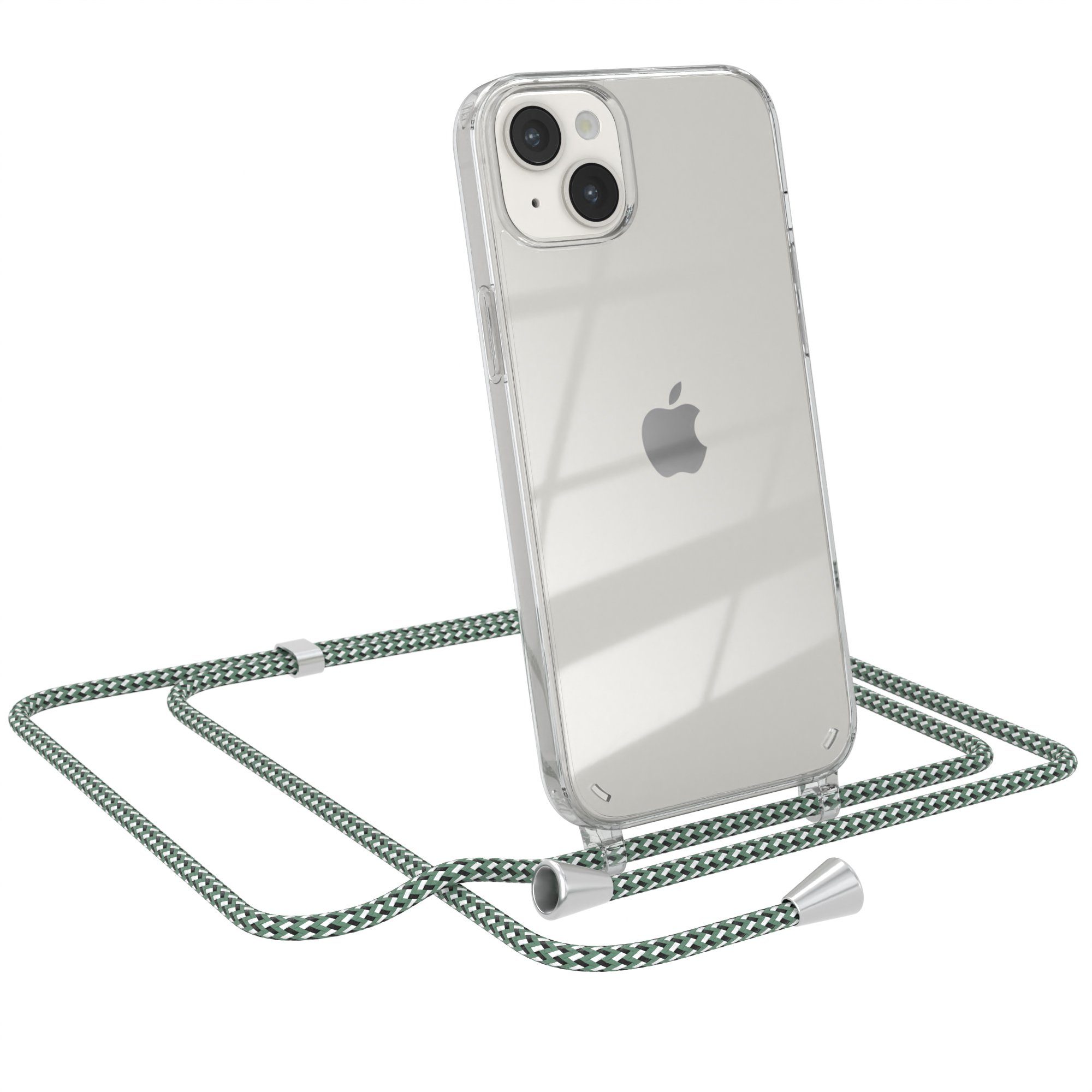 EAZY CASE Handykette Hülle mit Kette für Apple iPhone 14 Plus 6,7 Zoll, Kettenhülle zum Umhängen Tasche Cross Bag Handykordel Cover Grün Weiß