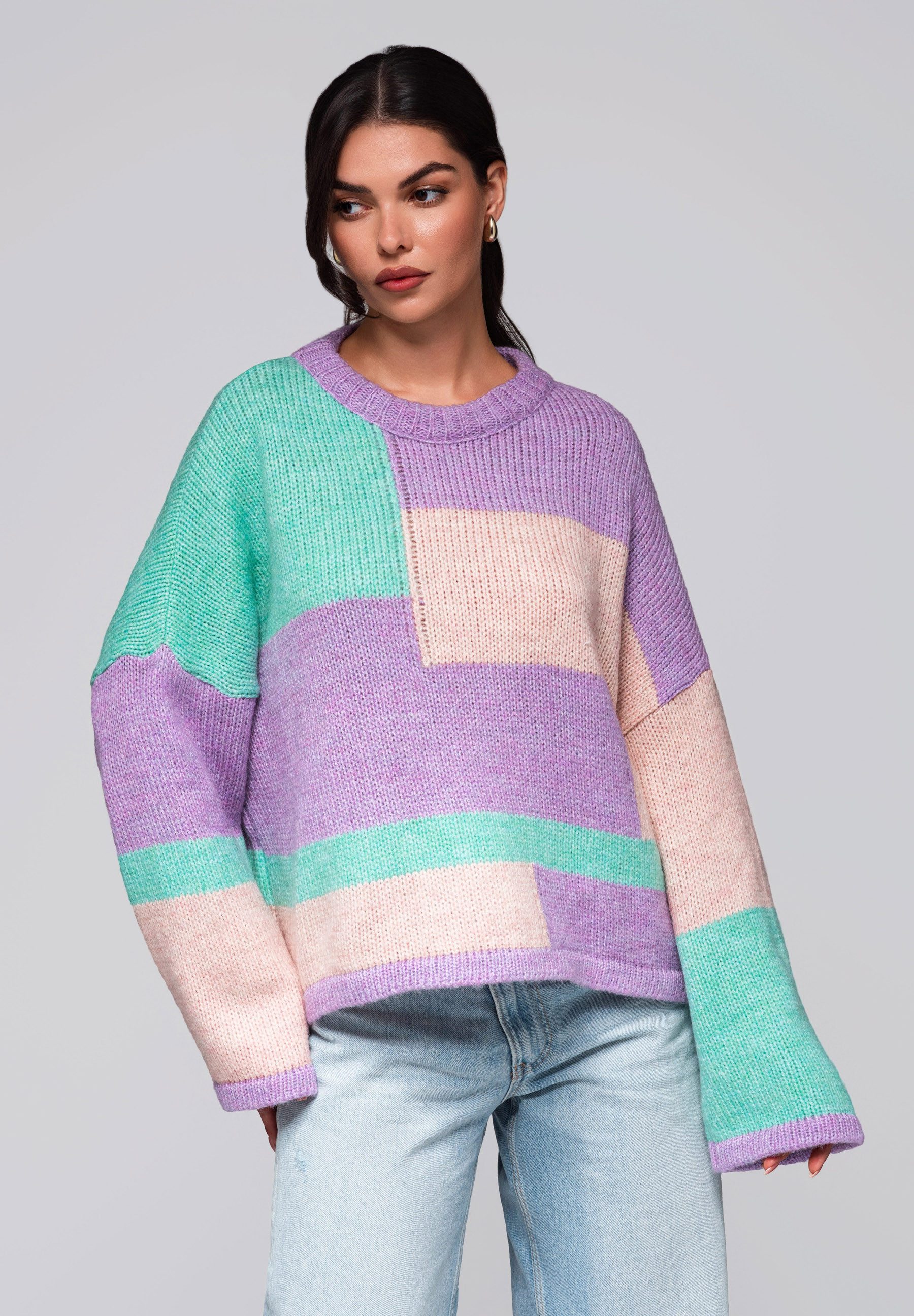OMBRE Rundhalspullover Farbblock-Pullover mit Pastelltönen
