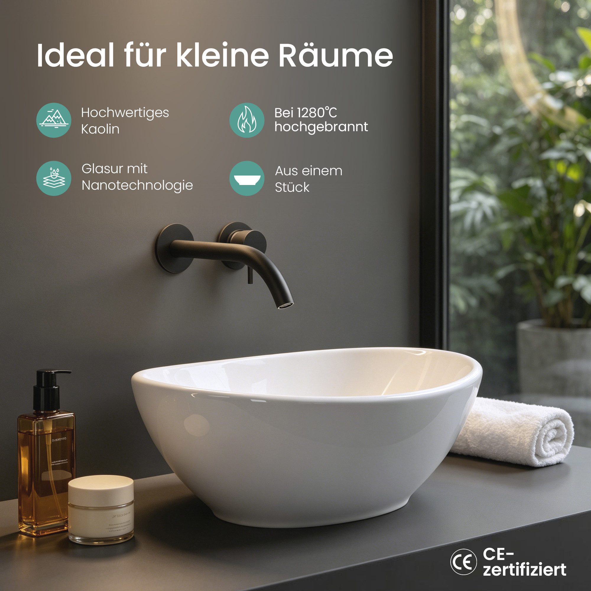 Mai & Mai Aufsatzwaschbecken Waschbecken Waschschale aus Keramik mit Nano-Versiegelung Oval Br205, pflegeleichte Oberfläche, hochwertige Keramik, ovale Form