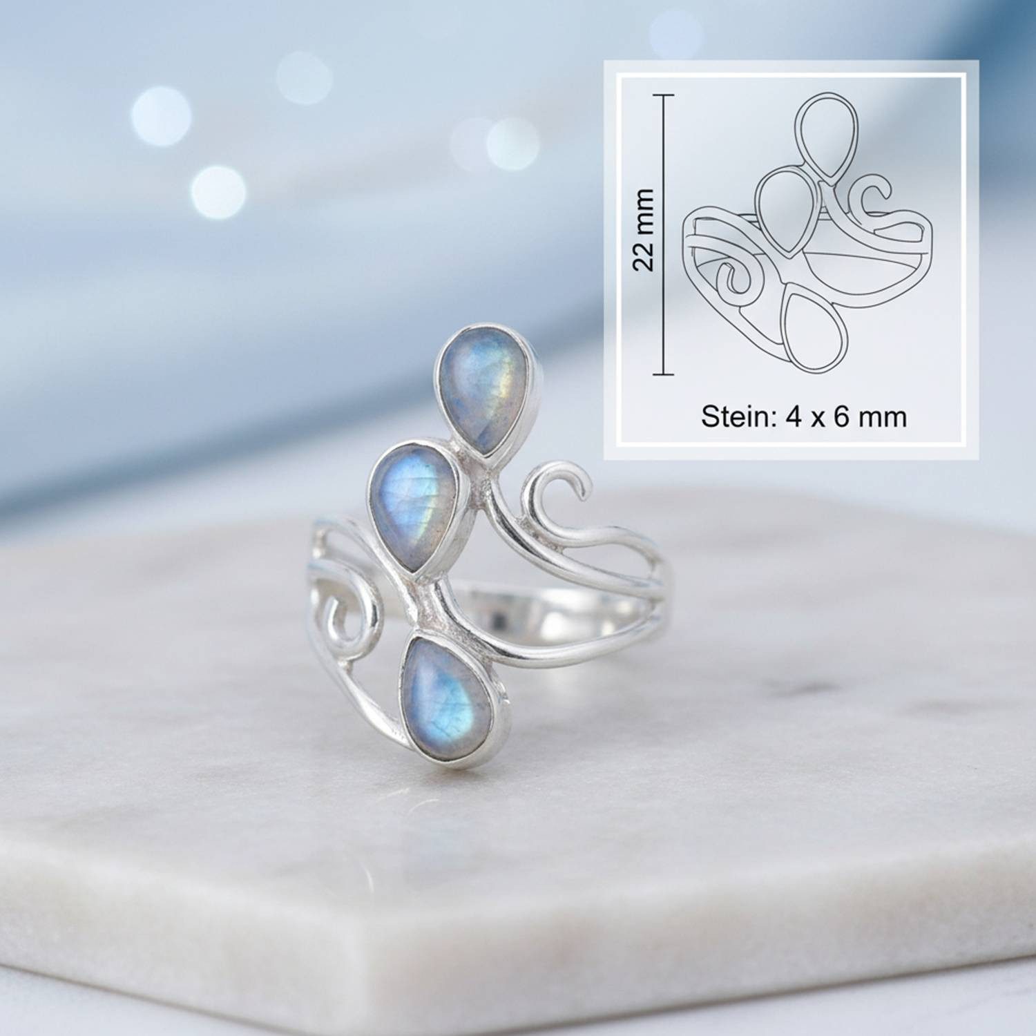 mantraroma Silberring SIDISTI aus 925 Silber mit Regenbogen Mondstein (Ring mit Schmuckbeutel), Damenring aus 925er Silber