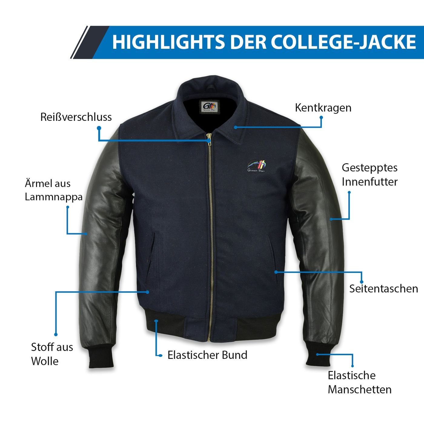 Lederärmeln Collegejacke Wolljacke mit German CJ001 Collegejacke Marineblau Wear