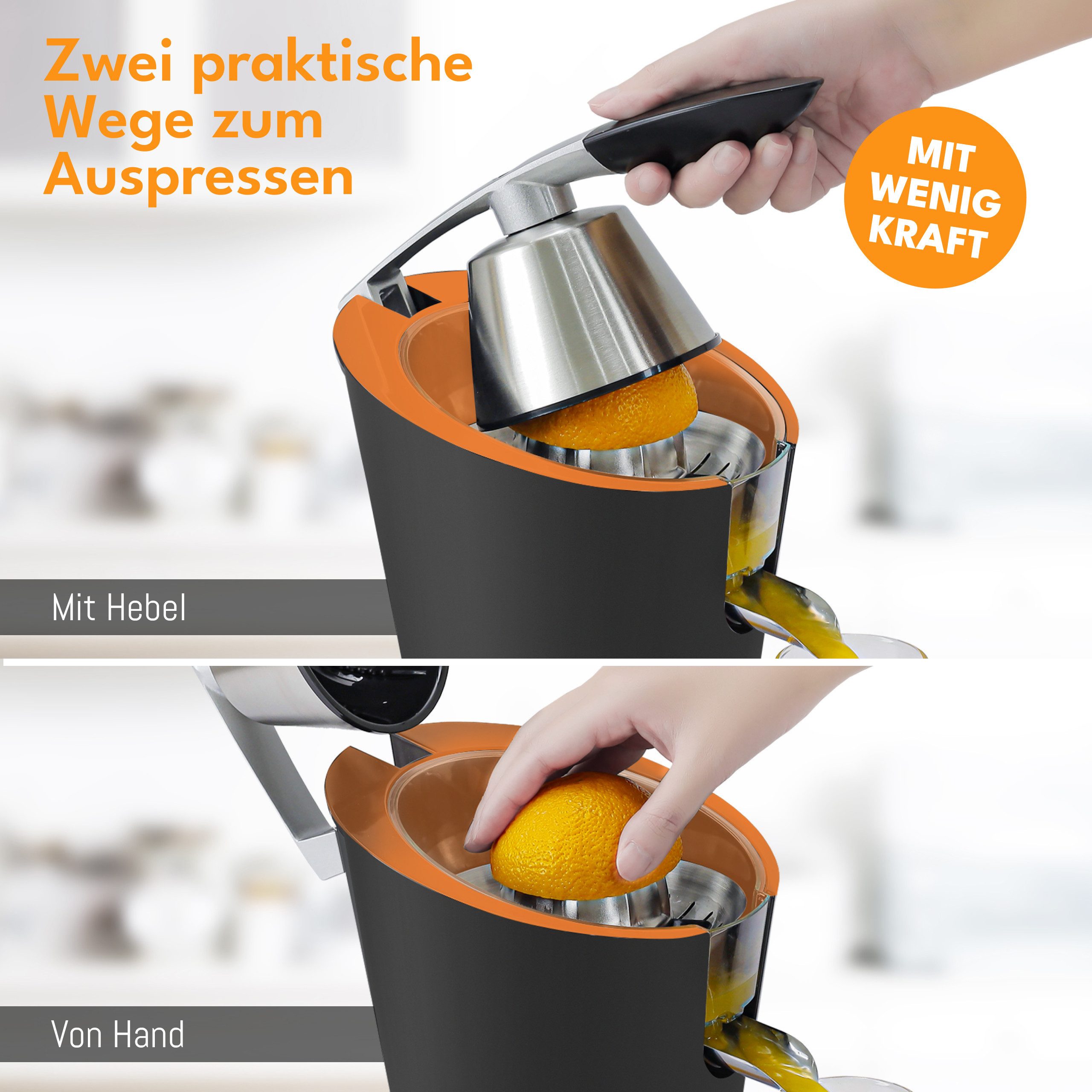 Lebenlang Zitruspresse LEBENLANG Saftpresse elektrisch 600W - Inkl. Edelstahlkegel & BPA-Frei, 600,00 W, Hohe Saftausbeute, Schwarz & Silber – Bild 5 von 5