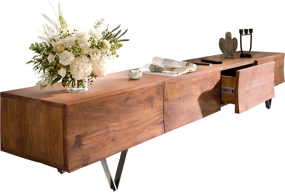 DELIFE Lowboard Wyatt, Akazie Braun 220 cm 4 Schübe V-Fuß Edelstahl günstig online kaufen