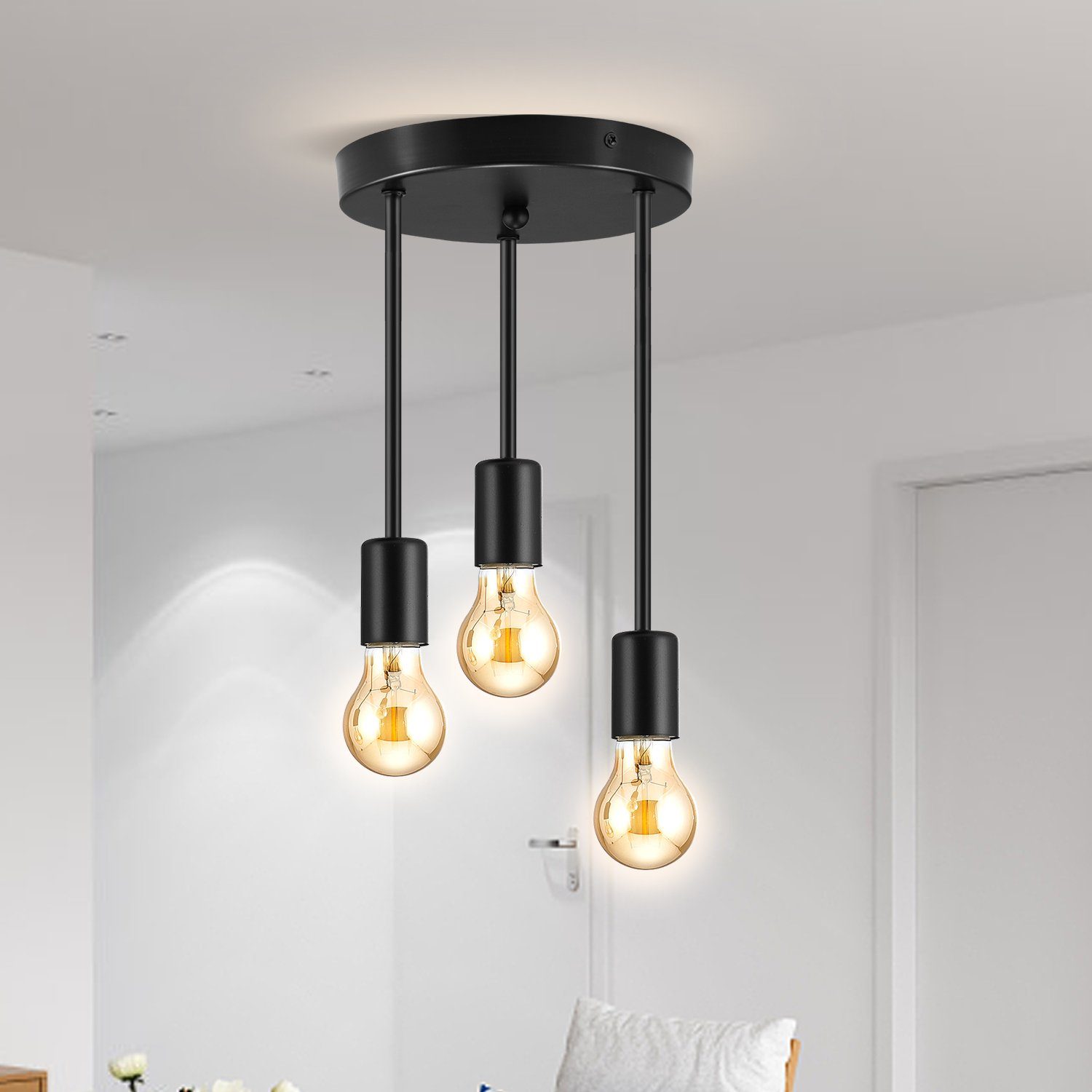 iscooter Pendelleuchte Retro Pendellampe Schwarz, 3 flammige Hängelampe, aus Metall, LED wechselbar, E27 Retro Deckenleuchte, Wohnzimmerlampe hängend Pendelleuchte ohne Glühbirne