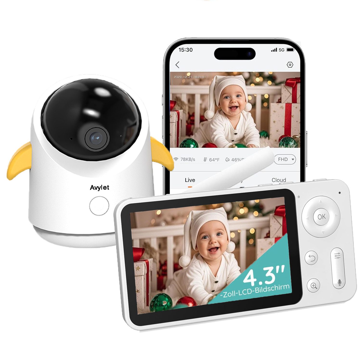 Video-Babyphone 4,3 Zoll Video-Babyfon mit Kamera 360° WLAN Babyphone mit App