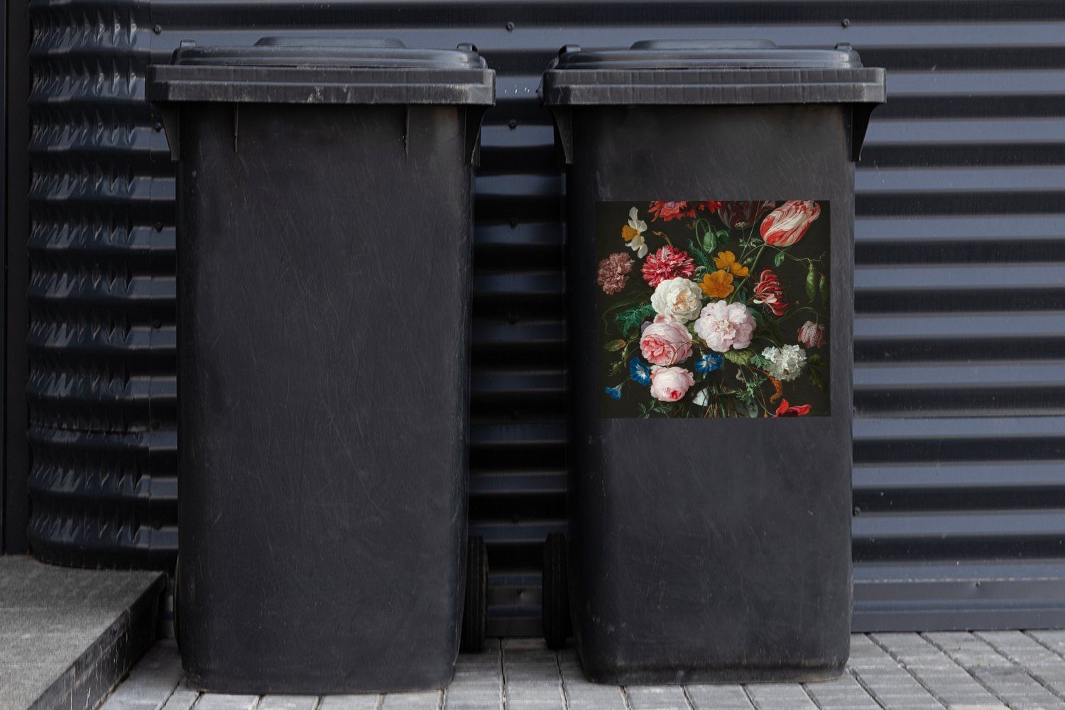 Davidsz. Mülleimer-aufkleber, einer Jan Blumen von Gemälde de MuchoWow in - Mülltonne, Glasvase Container, St), Wandsticker Abfalbehälter Sticker, mit Stilleben (1