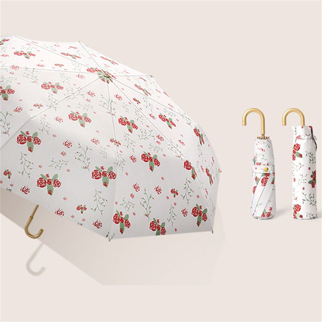 DÖRÖY Taschenregenschirm UV-Faltschirm,Tragbarer Regenschirm,Goldener Haken- Regenschirm