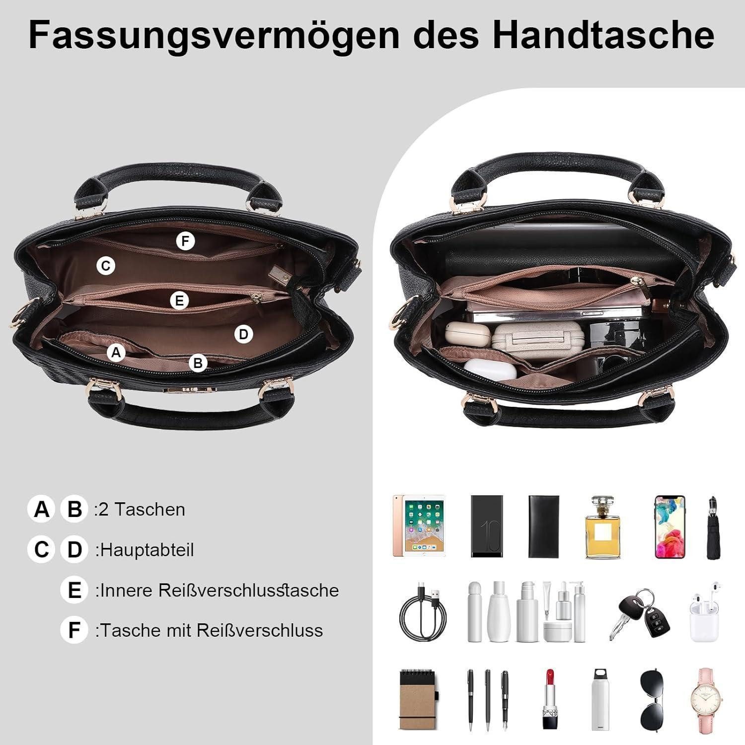 LuxusKollektion Handtasche Handtasche Damen Henkeltasche Lychee Innentaschen Arbeit 1-1 Schwarz – Bild 3 von 5