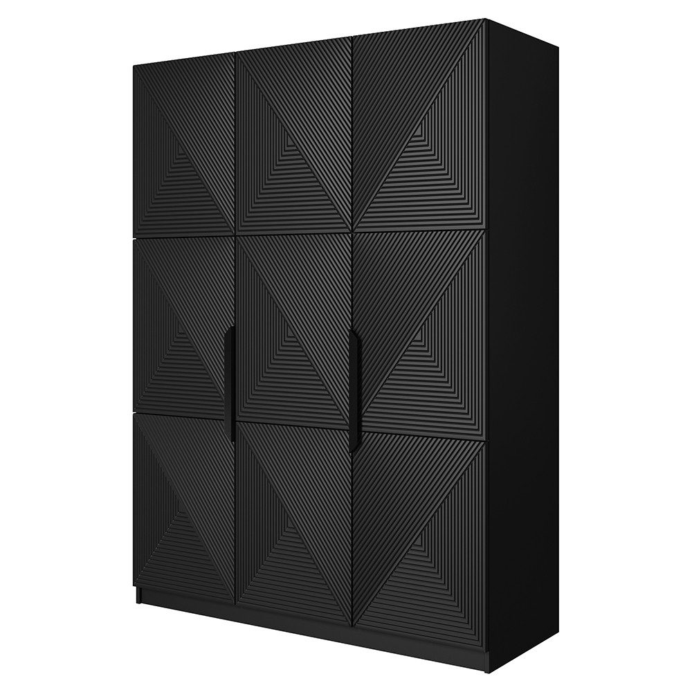 Lomadox Kleiderschrank ADARE-141 150 cm breit, 3 Türen, schwarz matt, gerillte Front, schwarze Griffe