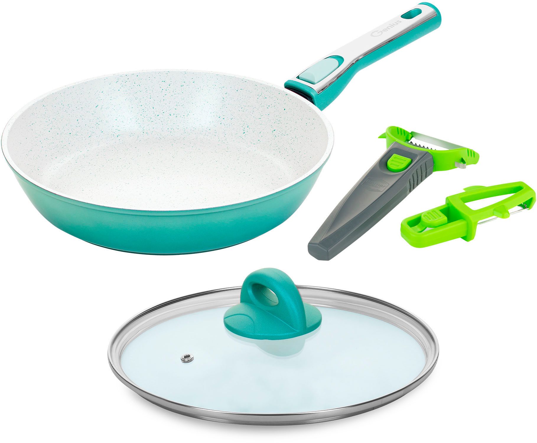 Genius Сковороды-Set Cerafit Revolution Pfanne Ø 28 cm inkl. Börner Multi Peeler, (Set, 5-tlg., Pfanne, Ø 28 cm, aquagrün, Börner Multi peeler 3er-Set, grün), Antihaft-Pfanne mit neuer und herausragender Keramikbeschichtung