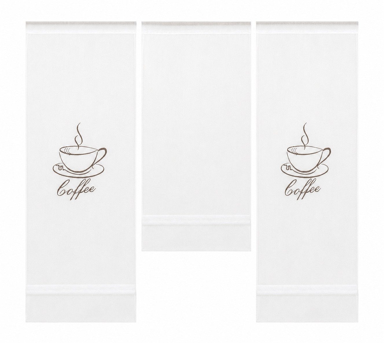 Clever-Kauf-24 Scheibengardine Design Mini Flächenvorhang Set weiß bestickt Kaffee 4057-01 (3 St), Stangendurchzug, transparent, bestickt