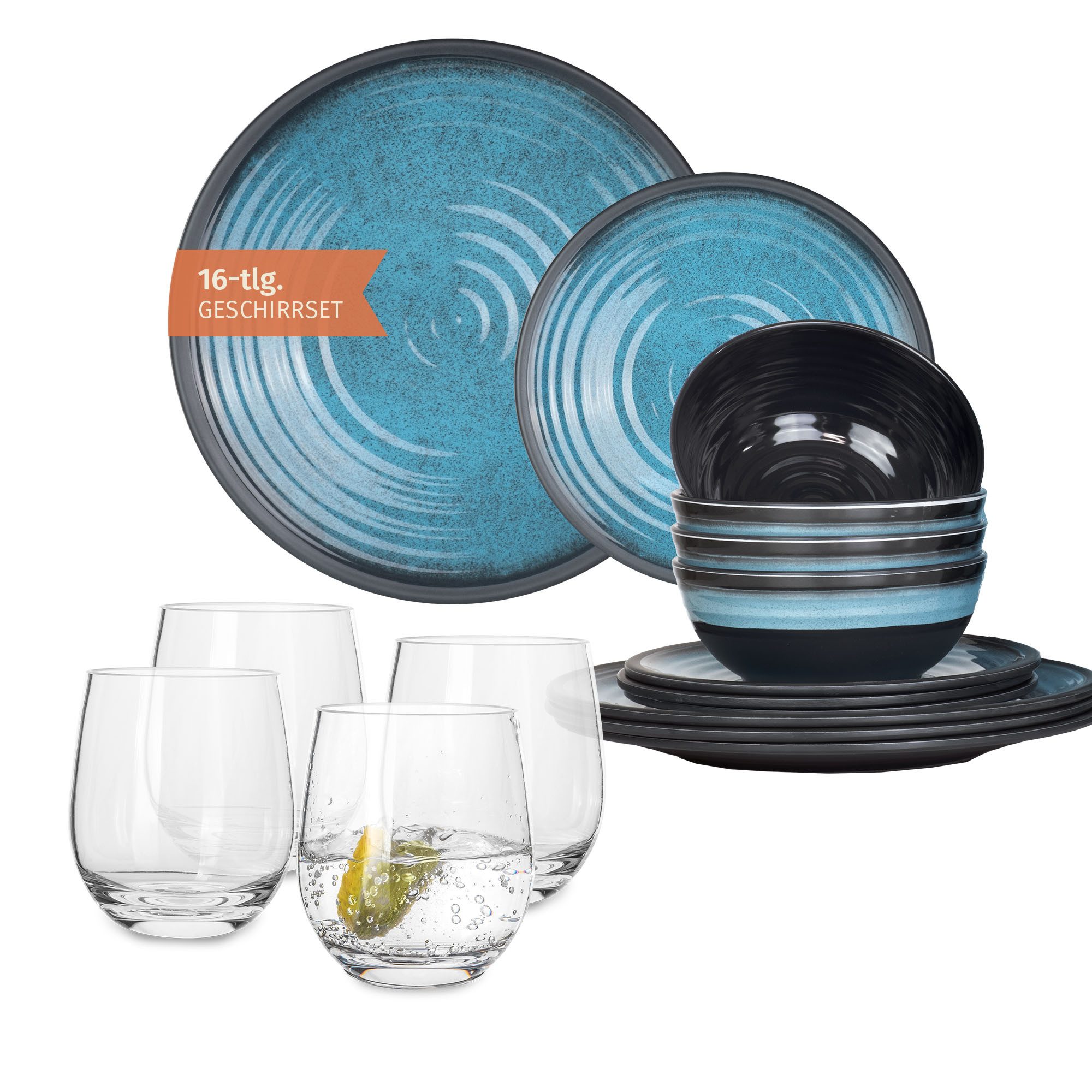Moritz Geschirr-Set Camping Geschirr Stone Blue + Tiamo Wassergläsern