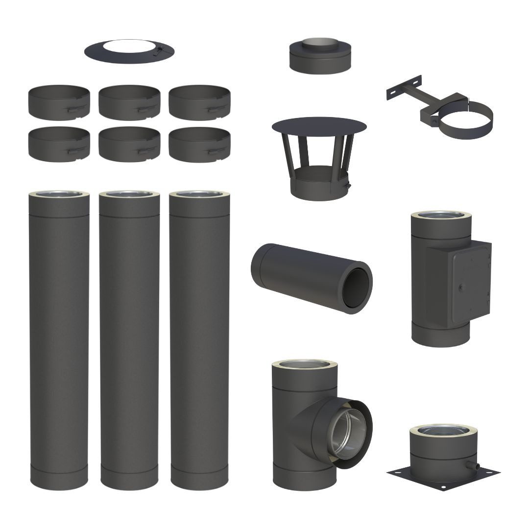 Jeremias Schornstein 3, 8 m Schornstein Ø150mm Komplettset DW DW-Black Bodenmontage, Ø 150 mm