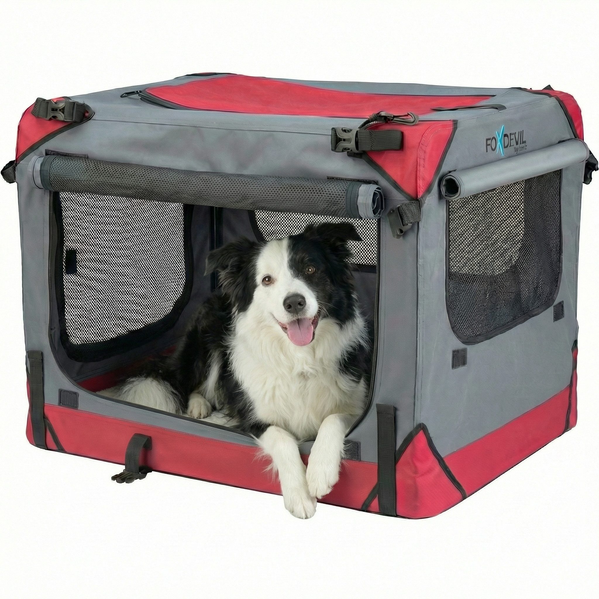 Xonic Hunde-Transportbox Foxdevil by xonic® Faltbare Hundebox / Transportbox (Grau/Rot, XXL)