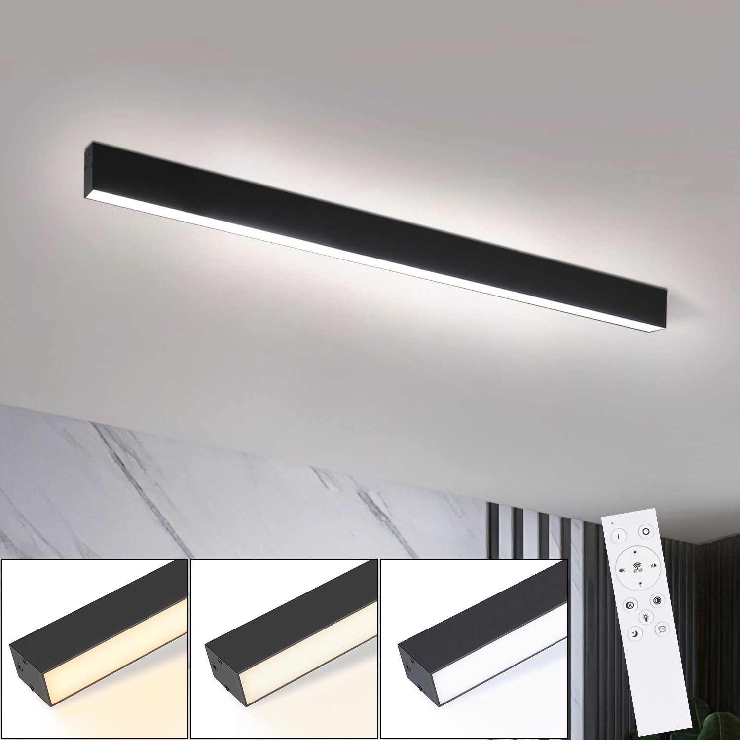 Nettlife Deckenleuchten Deckenlampe Schwarz 107/53/80CM Lang Decke Modern Deckenbeleuchtung, Dimmbar mit Fernbedienung, LED fest integriert, Warmweiß, Neutralweiß, Kaltweiß, für Wohnzimmer Schlafzimmer Küche Büro, 25W, 80*3.5*5.5cm